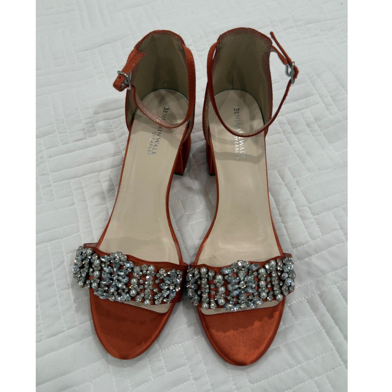 Benjamin Walk Dyeables Orange Satin Embellished Block Heel Sandals 9M