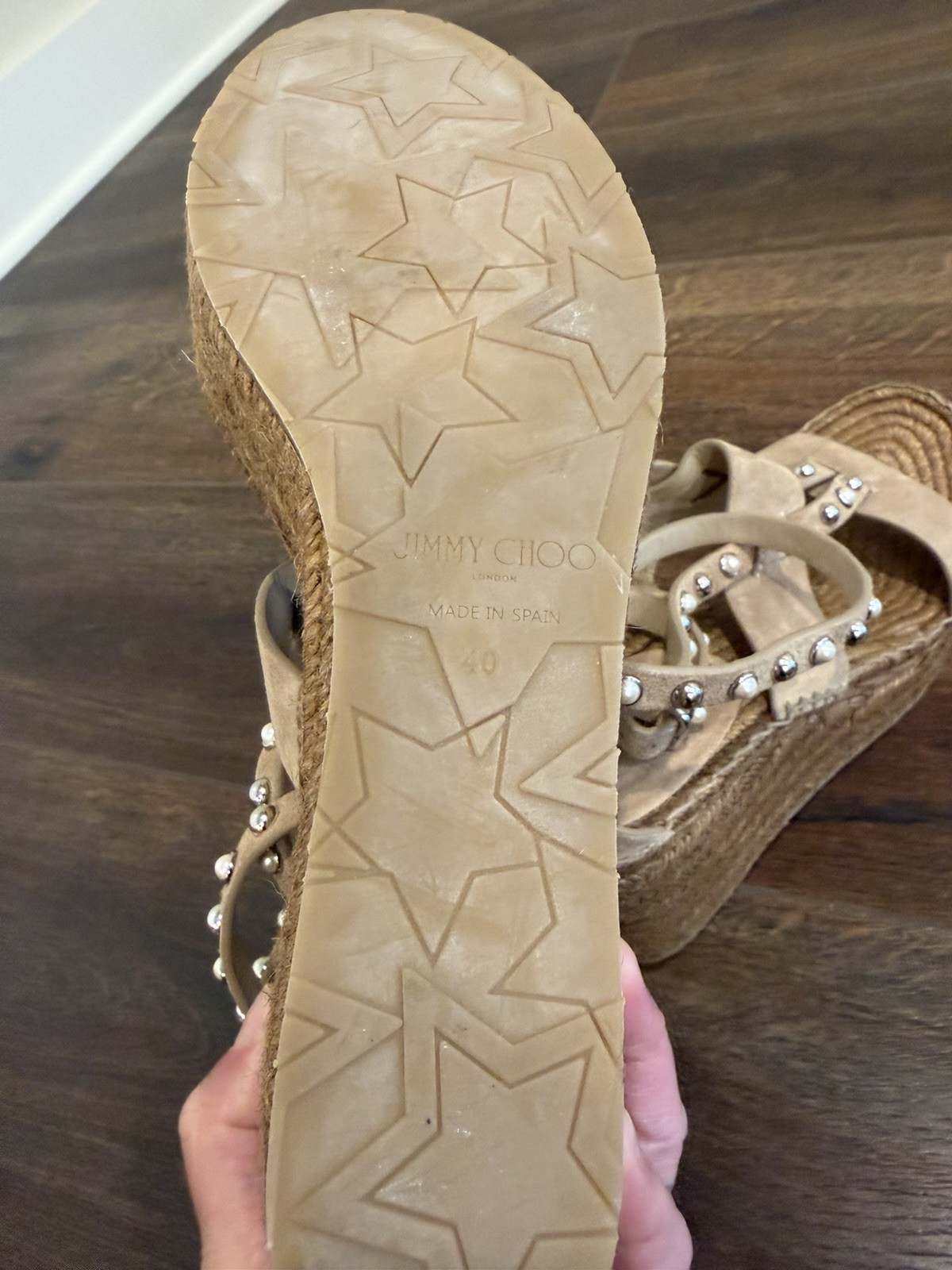 NEW! Jimmy Choo Women’s Suede Light Brown Pearl & Silver Studded Wedges Size 40