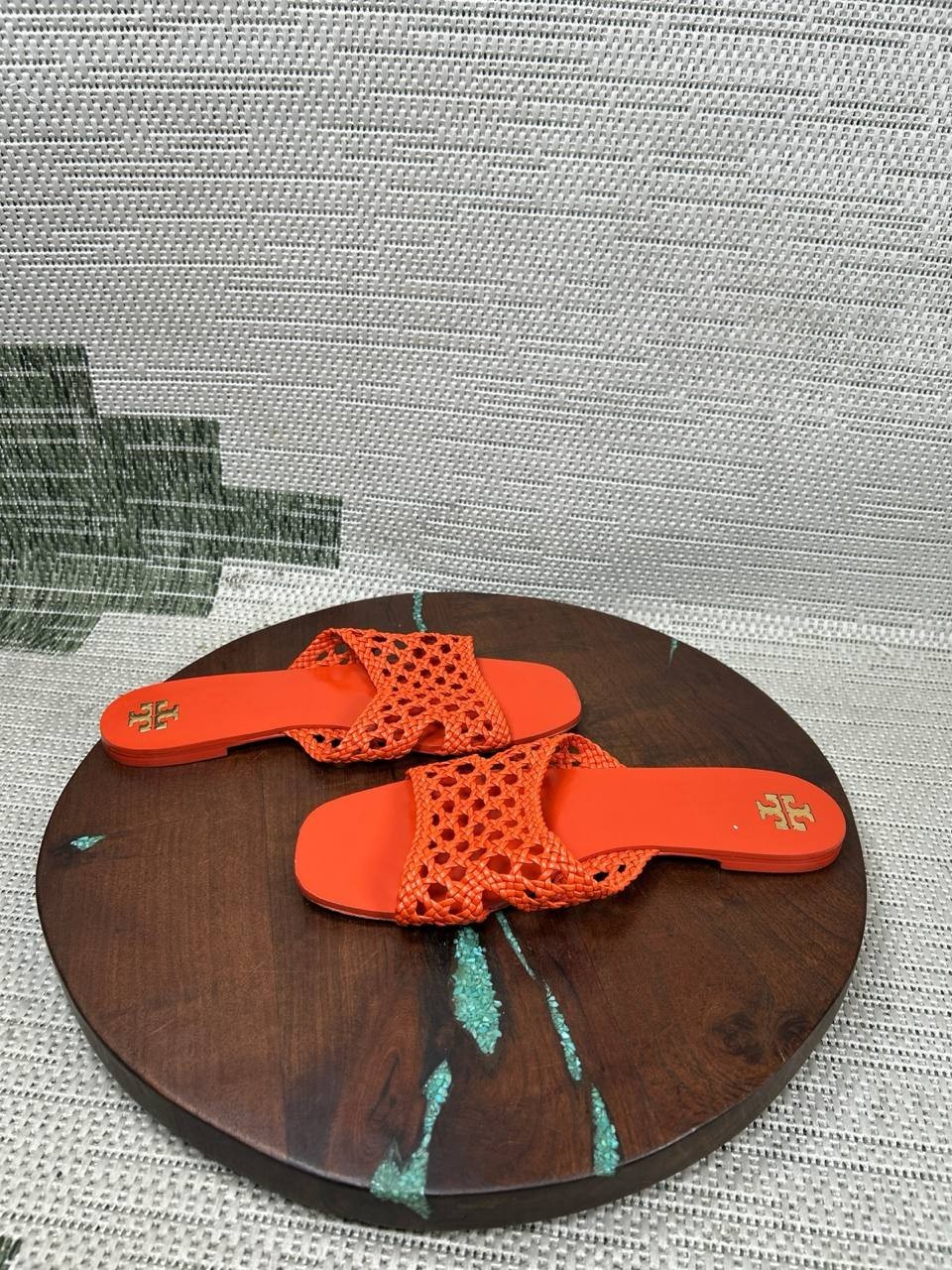 Tory Burch Sandals Womens Size 8 M Slides Desert Flower Orange Woven Leather