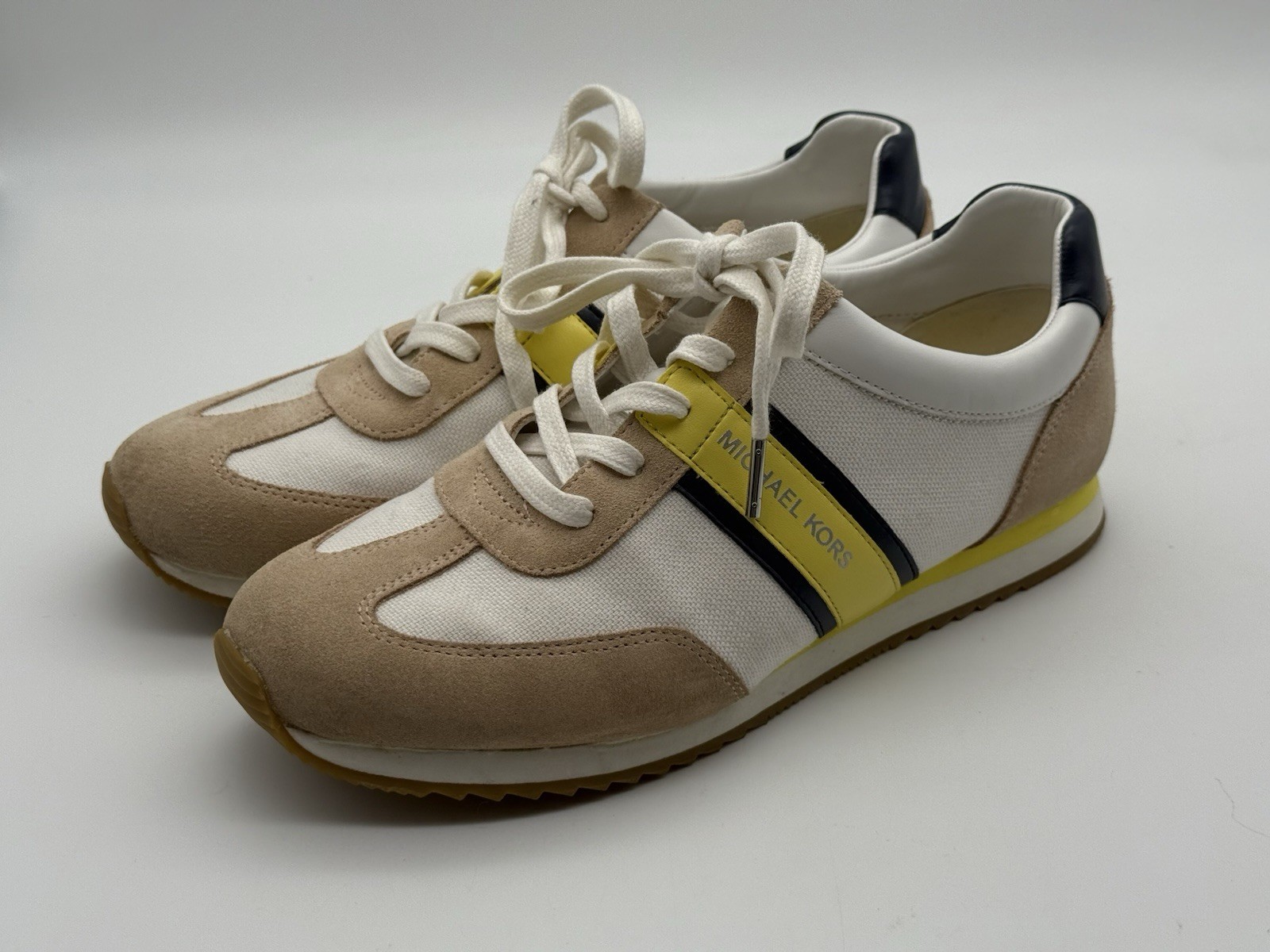 Michael Kors Textile Leather Shoes Sneakers White Beige Yellow Stripe Size 9.5M