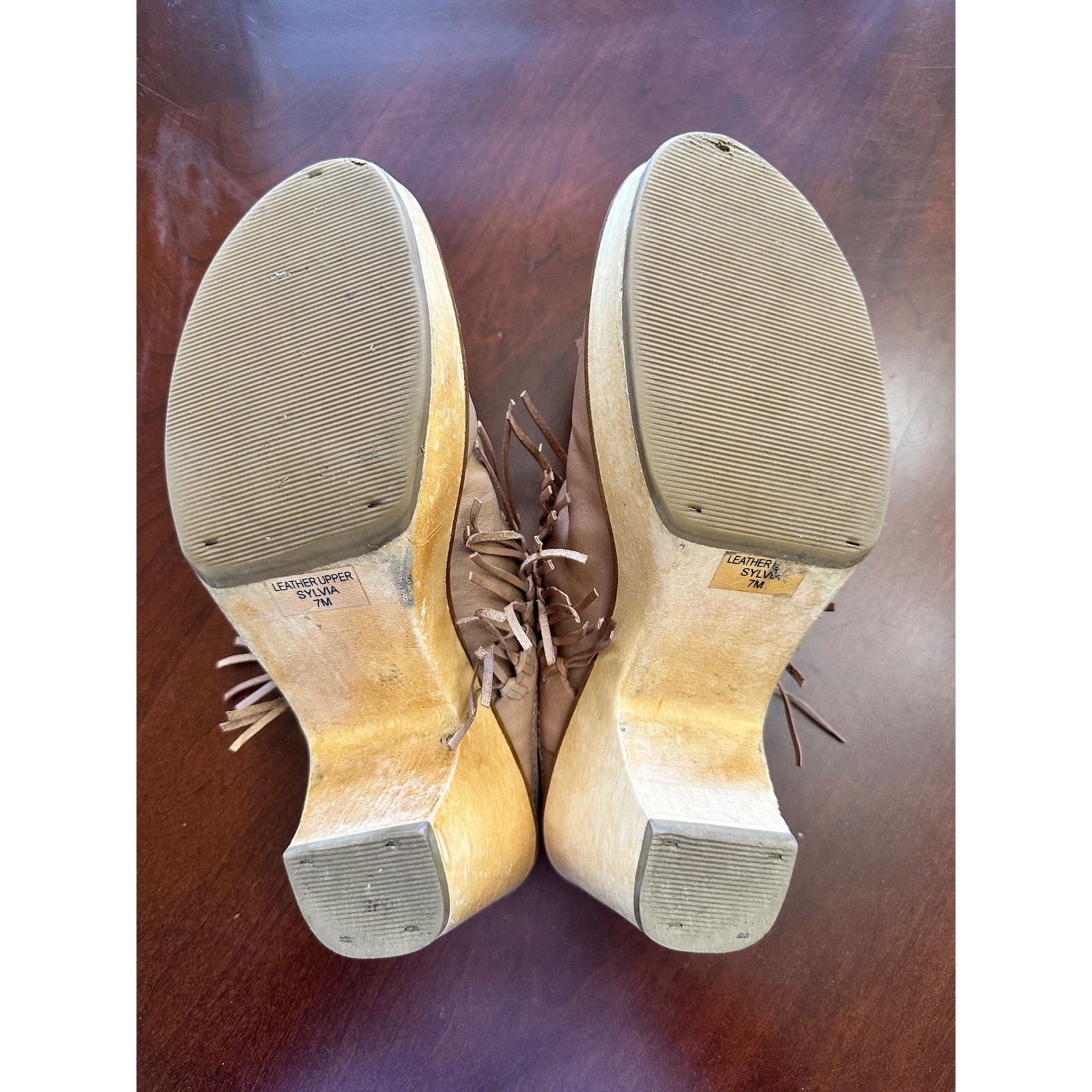 Two Lips Sylvia Tan Leather Fringe Wooden Platform Clogs Mules Boho Brazil 7M