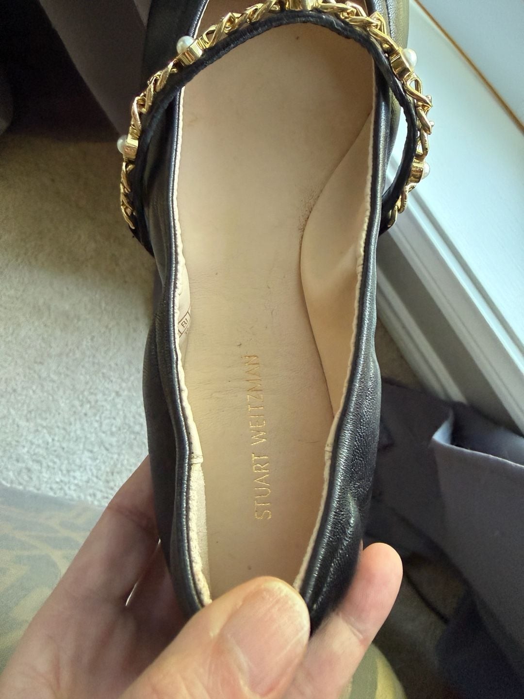 Stuart Weitzman Black Leather Pearl Chain Mary Jane Ballet Flats Size 9B