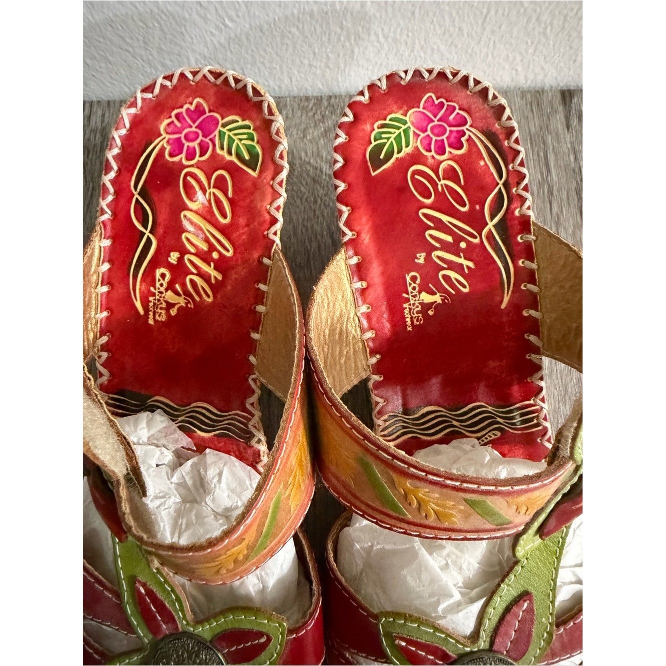 Elite By Corkys Poppy Sandals Heel Multicolor Floral Hand Art Design Women Sz 11