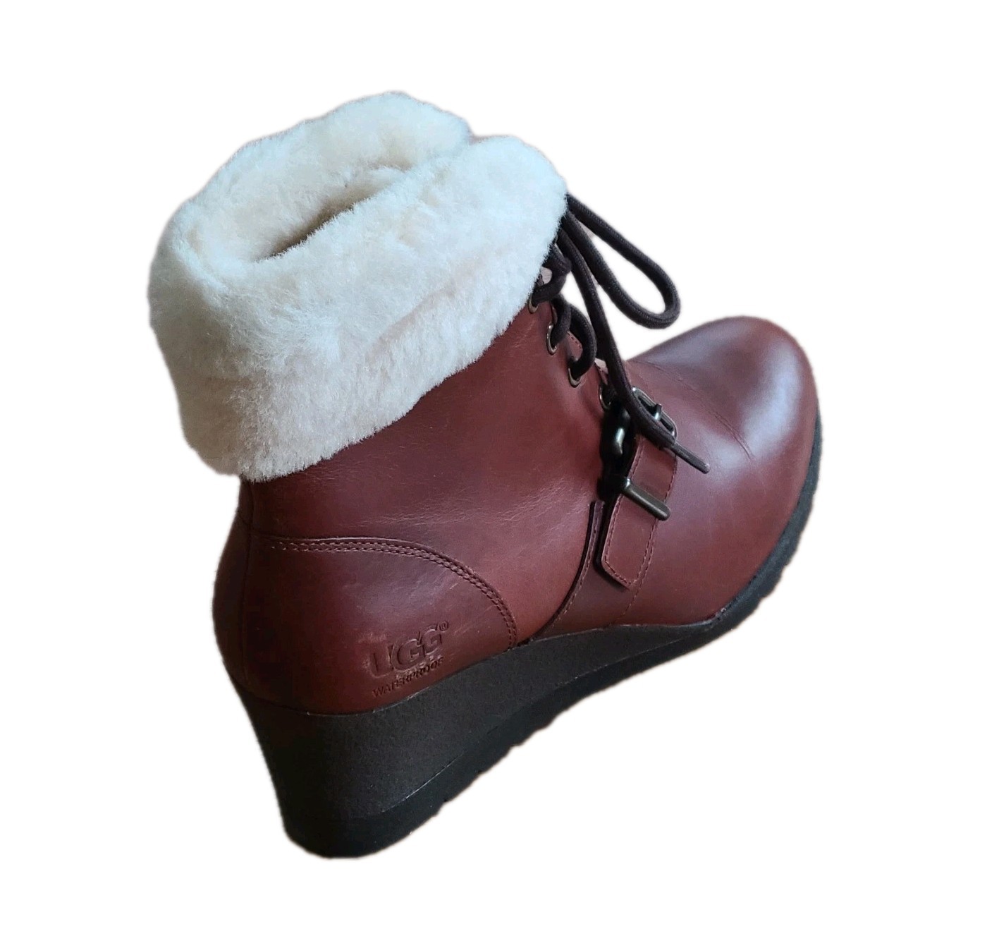 UGG Janney Brown Boots Womens 8.5 Leather & Sheepskin Lace Up Wedge Ankle Bootie
