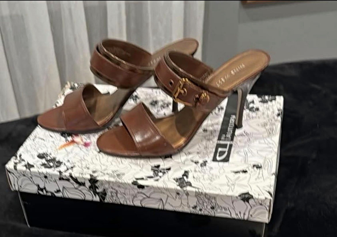 Women’s Brown Faux Leather Strappy Open Toe Stiletto Ankle Strap Buckle 6.5