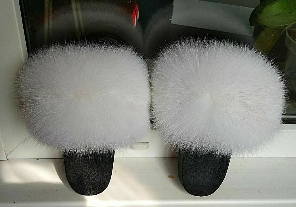 Women Real FOX Fur Slides Fluffy Slippers Women Girl Beach Furry Sandals Leather