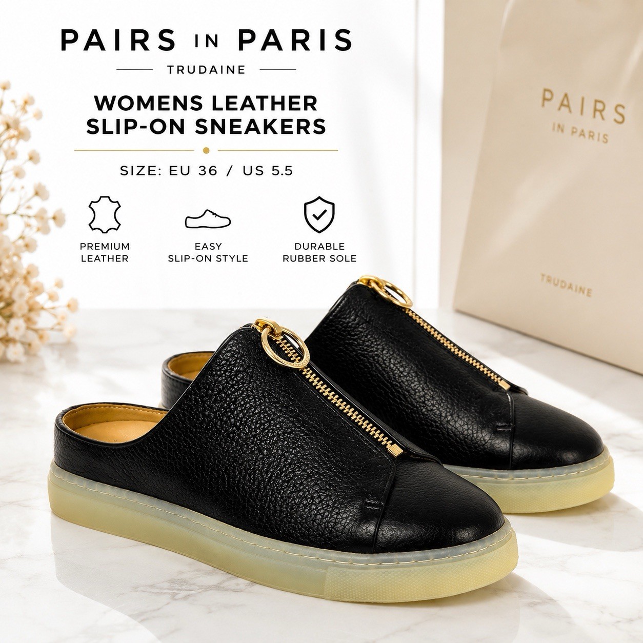PAIRS IN PARIS TRUDAINE WOMENS LEATHER FASHION SLIP-ON SNEAKERS SZ EU 36/ US 5.5