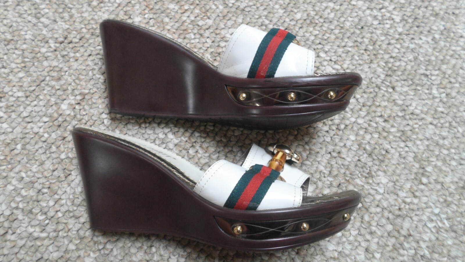 Patricia Pratt White Gold & Brown Platform Wedge Heel Slides. Size 8