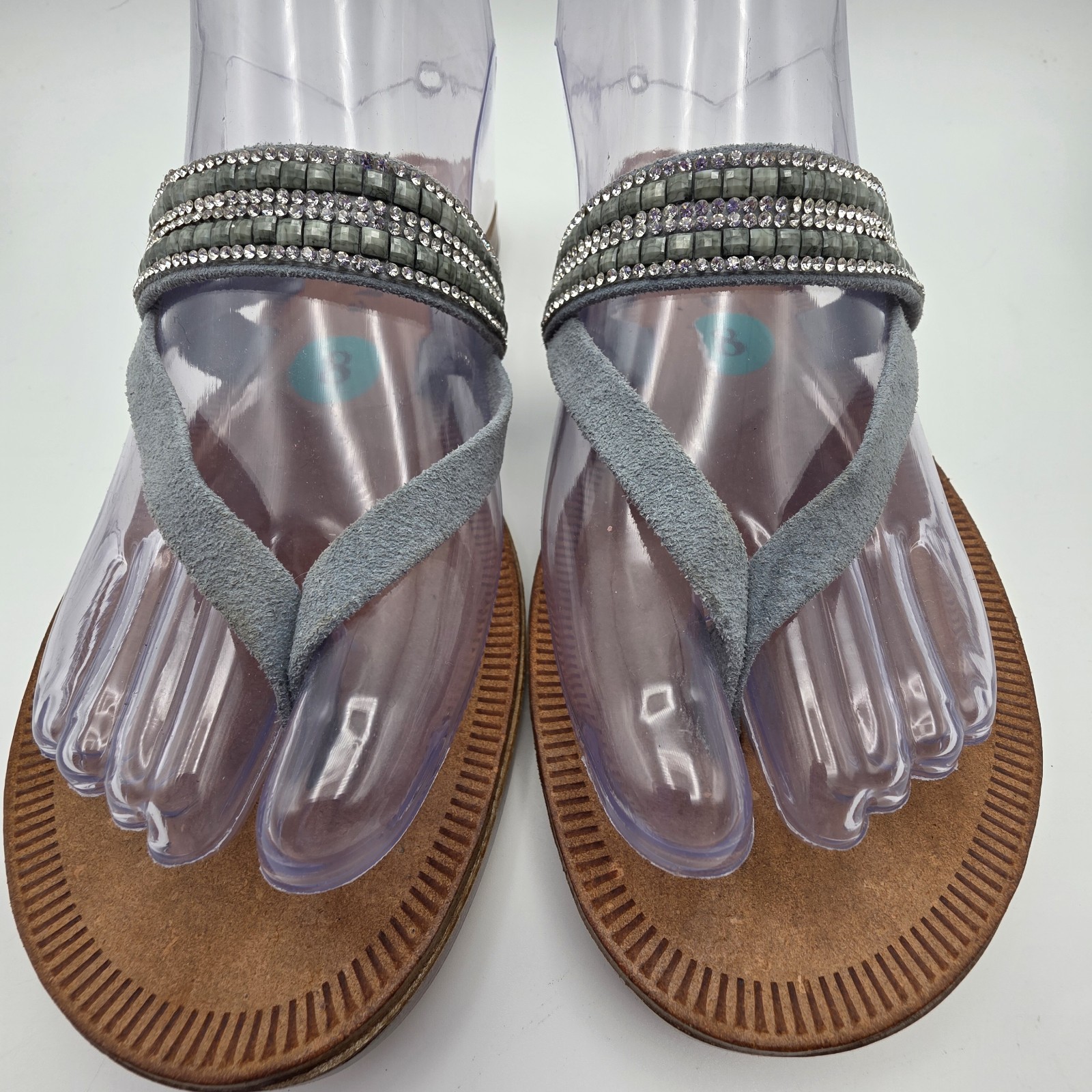 MARIELLA Sandals 8 Blue Gray Leather Glitter Rhinestone Thongs Slides Mules