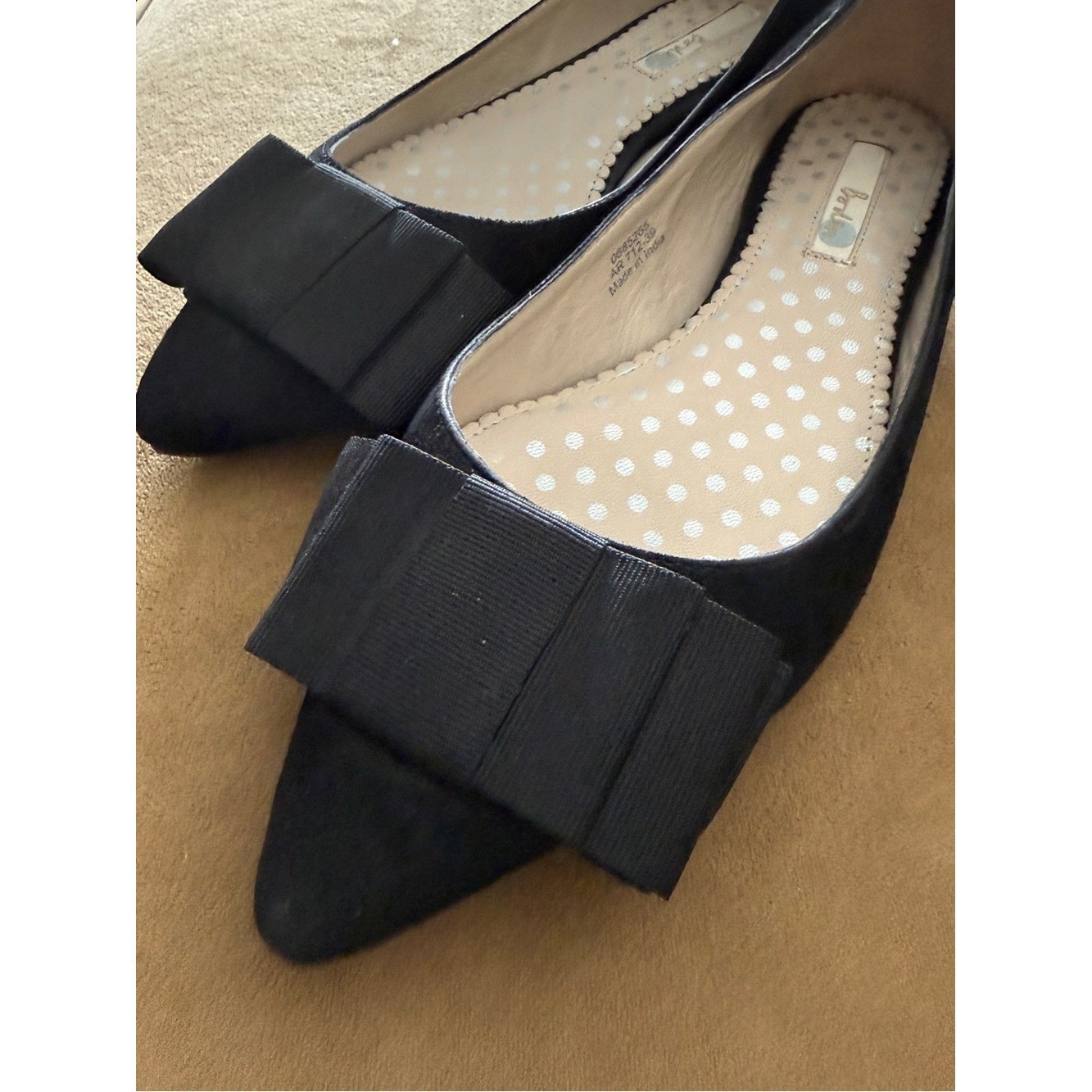 Boden Black Suede Pointed Toe Ballet Flats Grosgrain Ribbon Bows Size 39/ 8.5 US