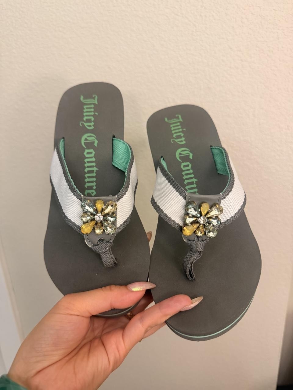 Juicy Couture Gray & Green Flip Flop Wedges with Rhinestone Flower Detail