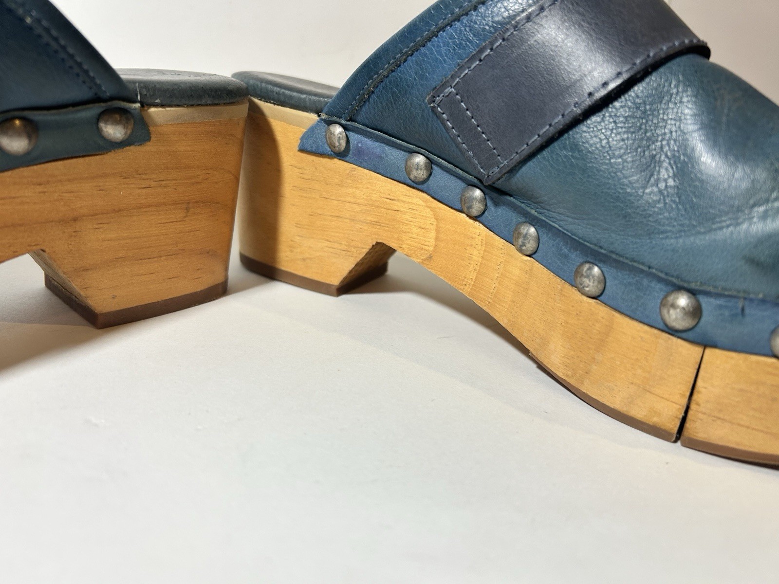 Free People Culver City Clogs Teal Blue Leather Wood Platform Buckle Studded 9