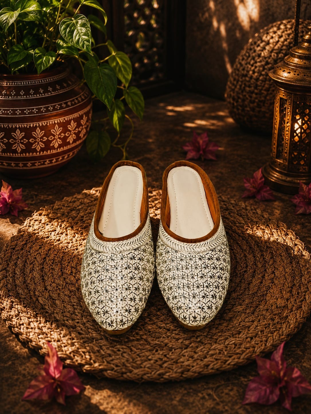 Women’s White Floral Embroidered Boho Mule Flats Slip On Ethnic Jutti Shoes