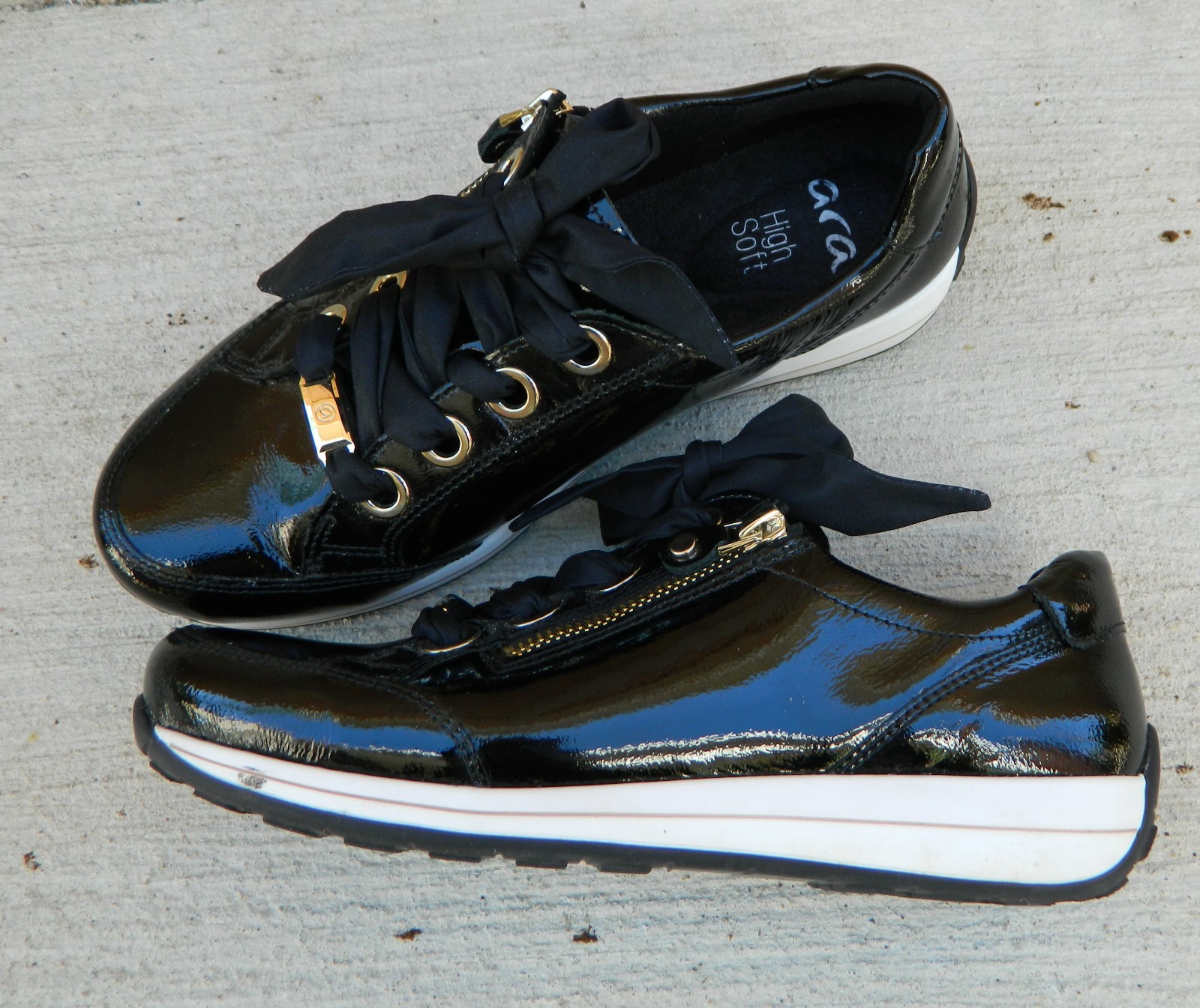 ARA Ollie High Soft Black Patent Zip Sneakers Women’s sz 8.5/UK 6
