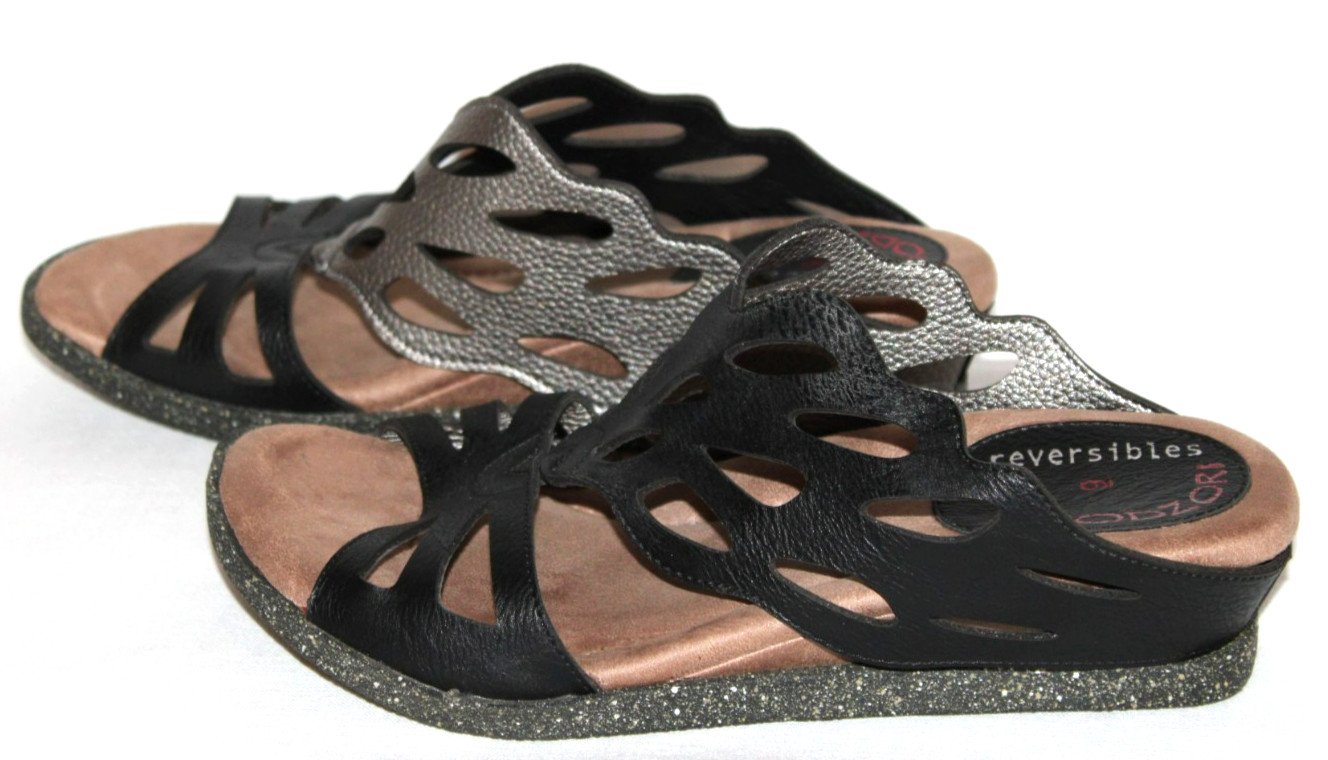 Modzori Black & Silver Low Wedge Reversible Retro Sandals Women’s Size 9