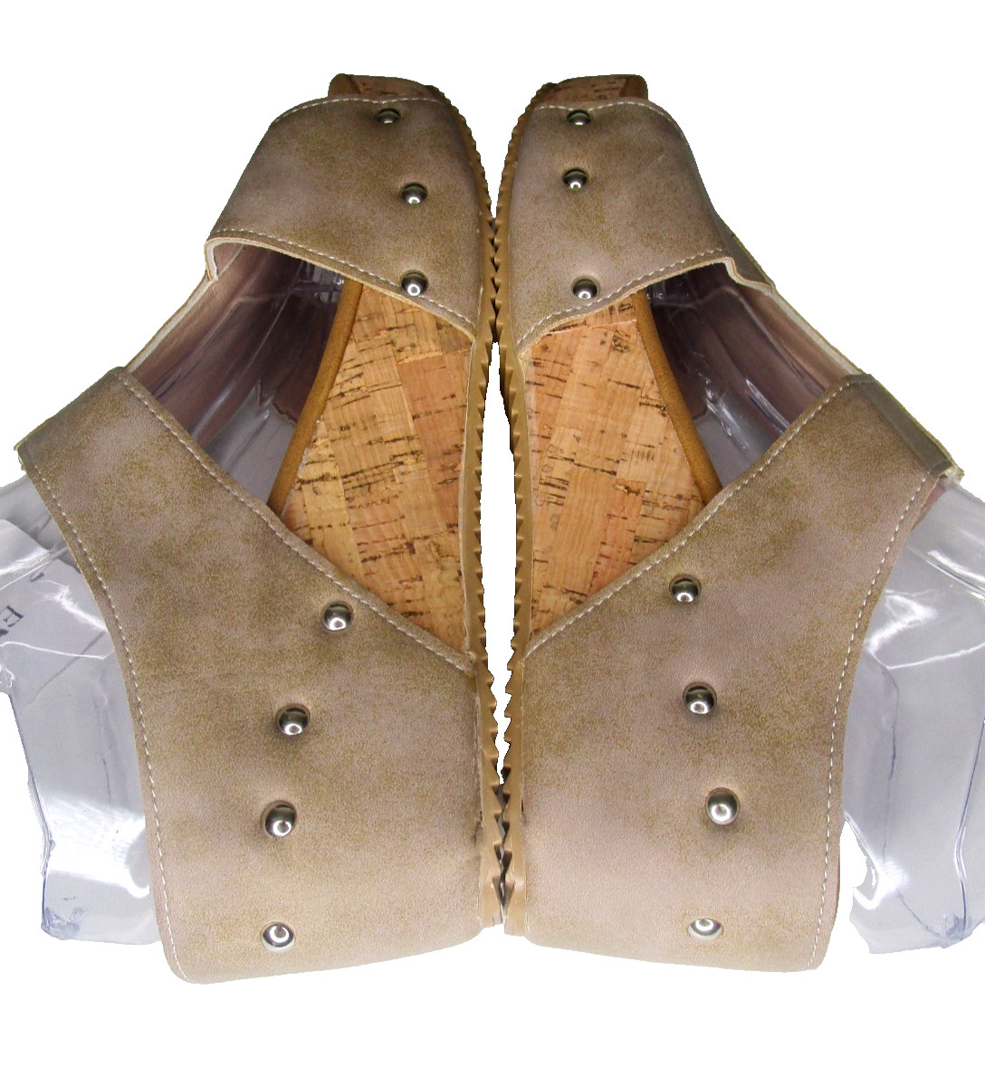 NEW~Ellie’s Boutique Taupe Wedge Cork Sandals Zipper Stud Accent Slip On SZ 40/9