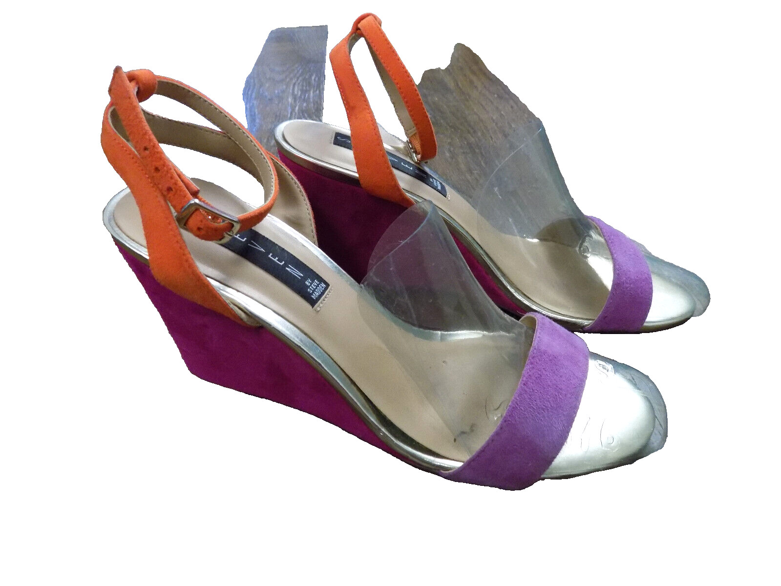 Steve Madden Sylan Purple Pink Orange Suede Ankle strap wedge 3.25″ Sandals 7.5