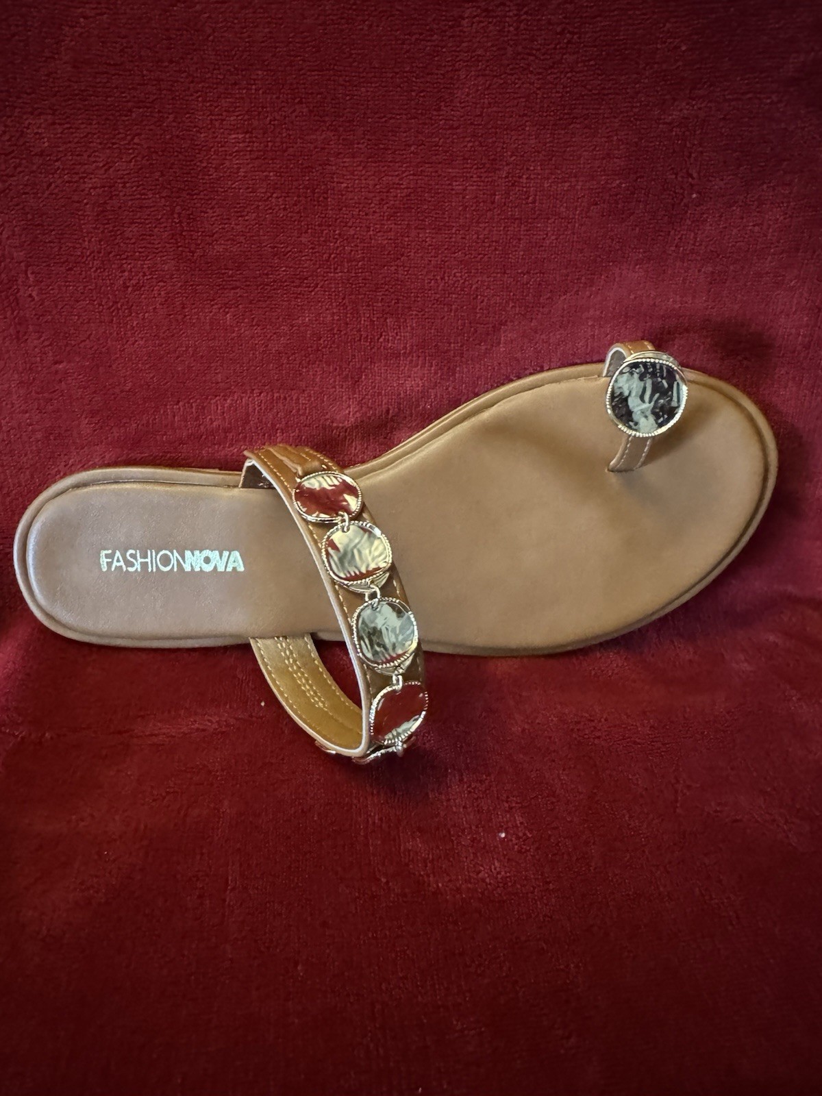 Fashion Nova Tan Slide Sandal with Decorative Gold Accents
