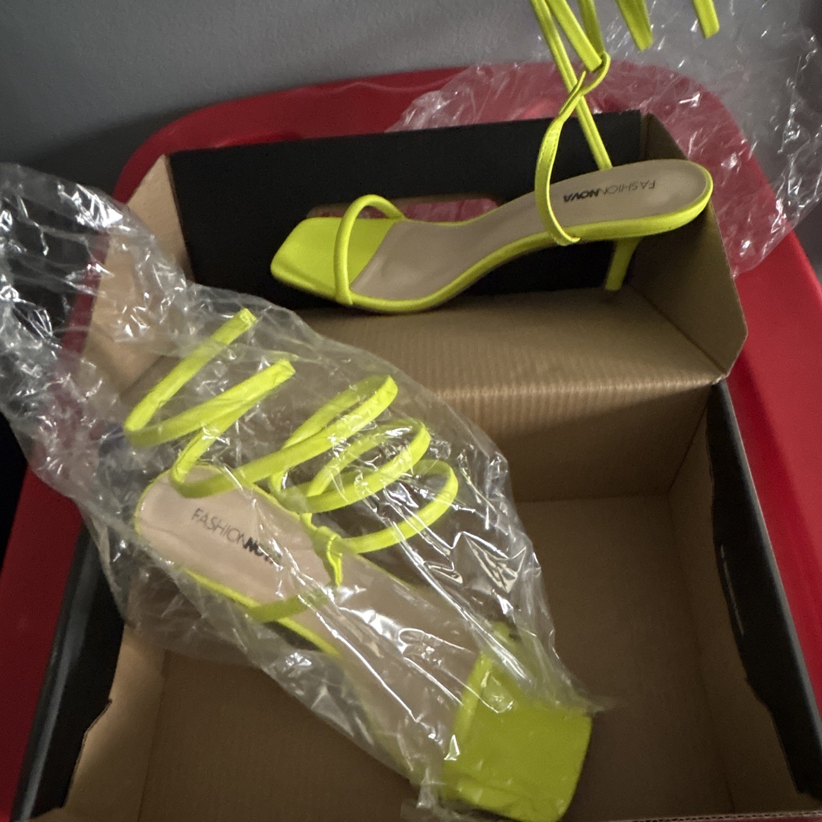 Fashion Nova Lime PU Strappy Ankle Wrap Strap Square Toe Stiletto Heel 7.5