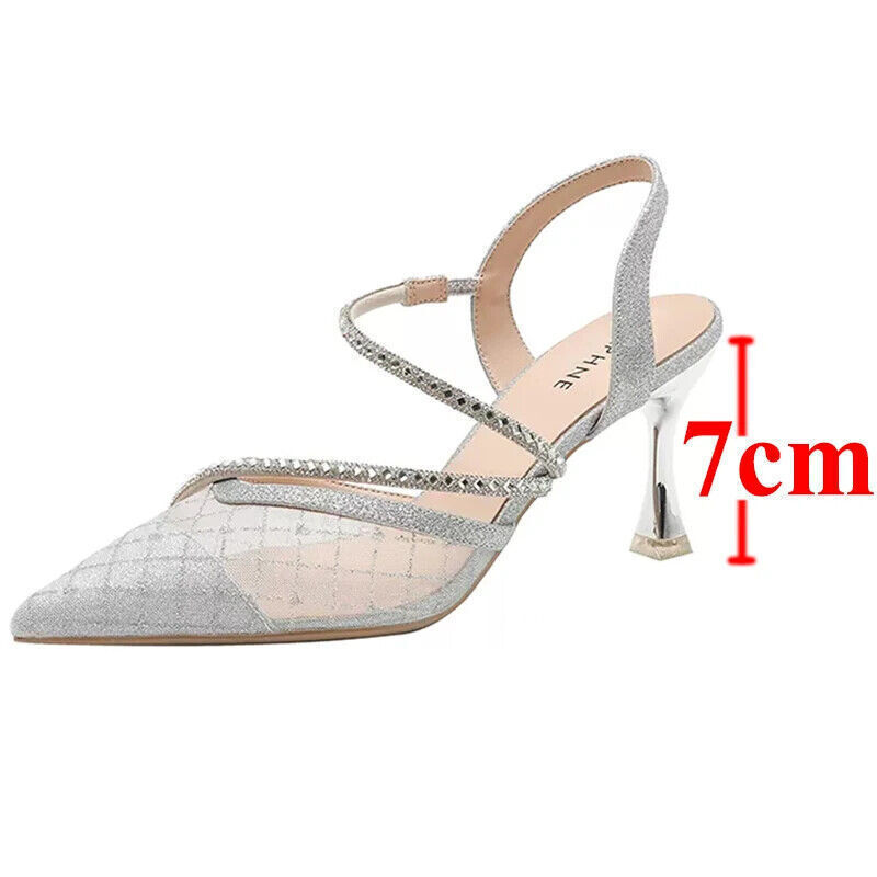 Women Pointed Toe Thin Heel Pumps Party Shoes Bling Crystal High Heels Sandals
