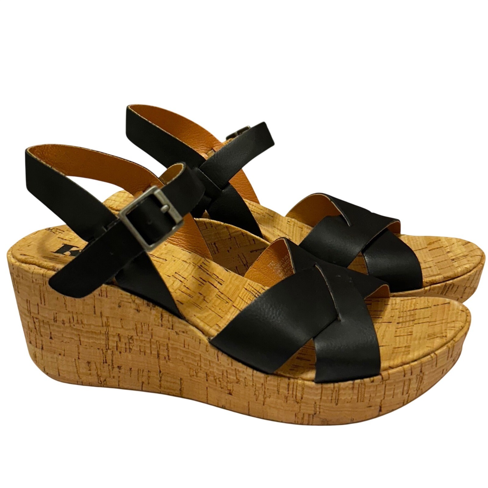 Korks Denica II Black Platform Wedge Sandals Womens Size 7 Cork Heel Strappy