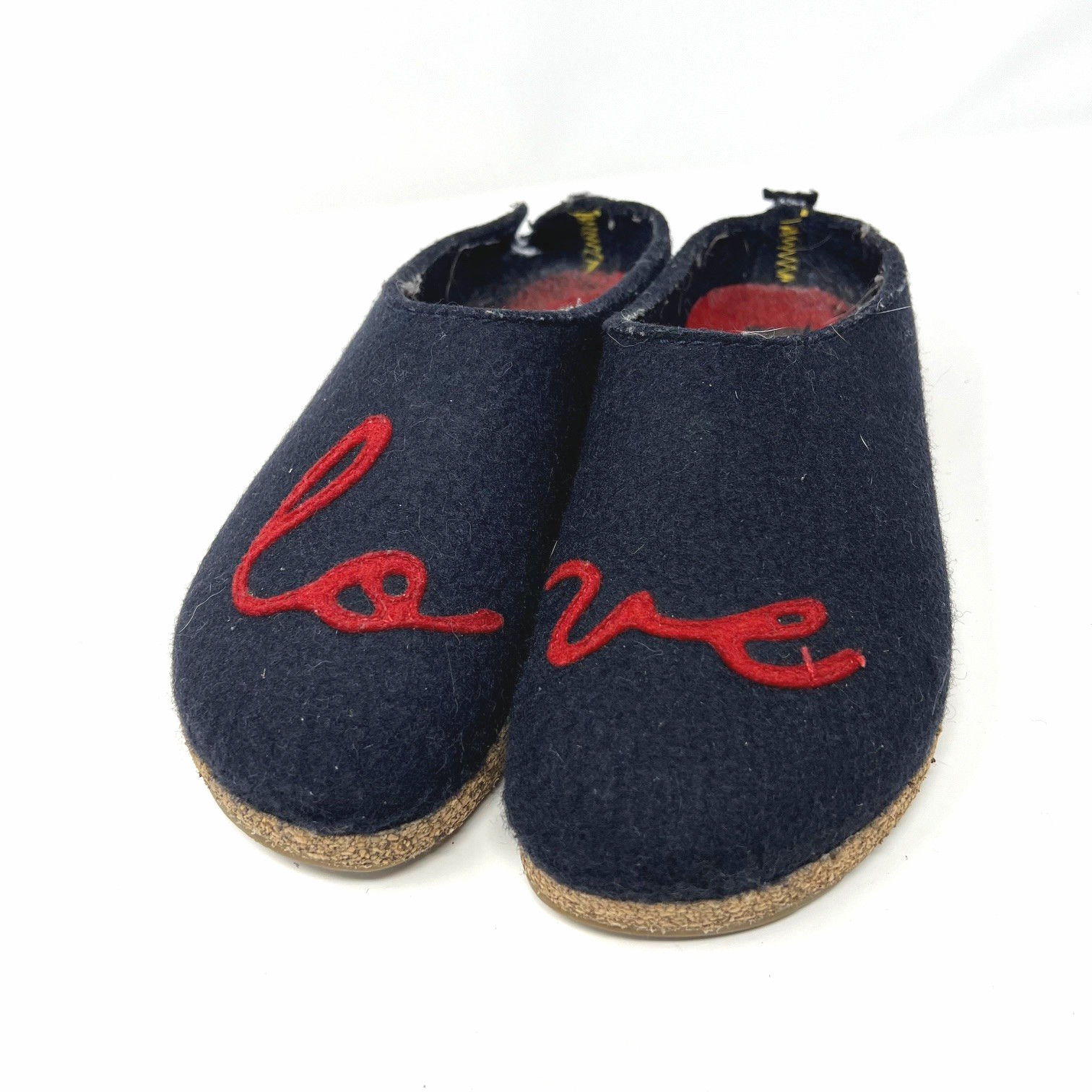 Haflinger Love Wool Felt Clogs Slippers Navy Red Script Womens 38 Size 7 READ