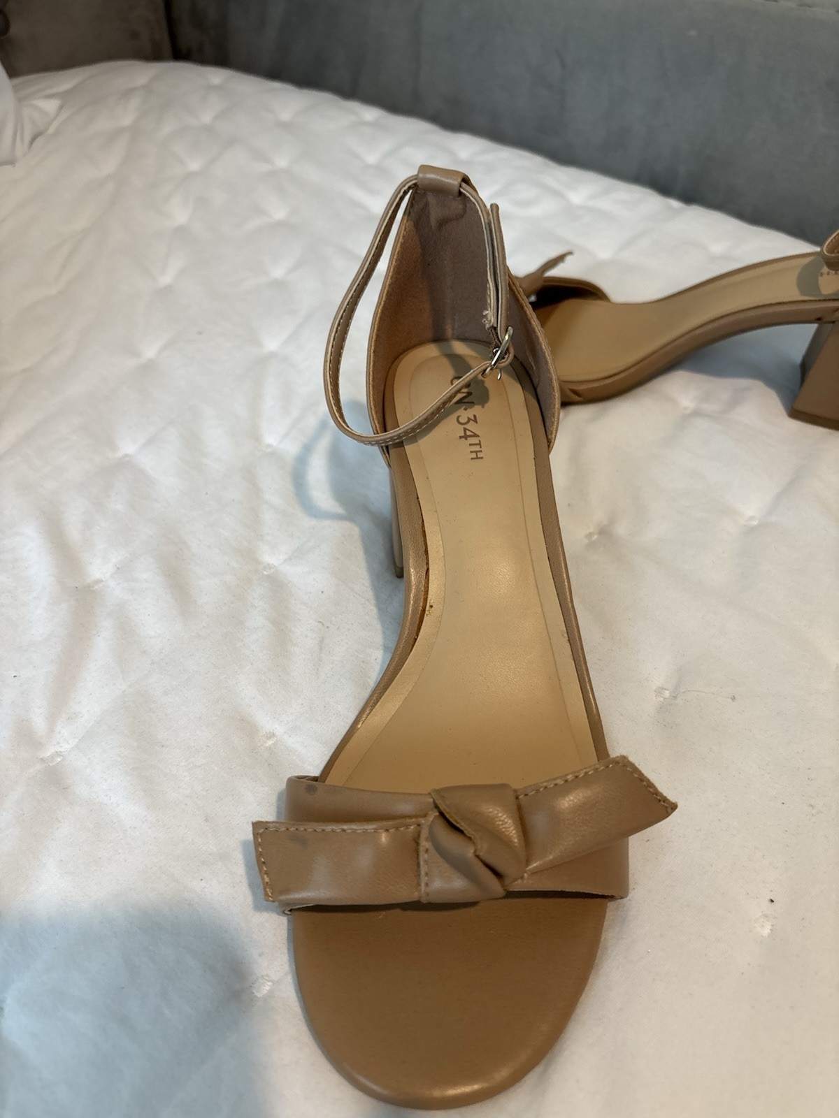 ON 34TH Beige Strappy Ankle Strap Bow Open Toe Block Heel Sandals 7.5