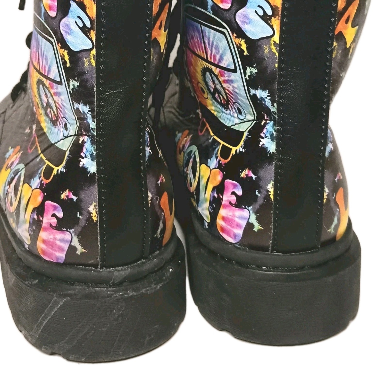 Yes We Vibe Leather Boots Black Peace &Love W 7.5/M 6 Combat Vegan Unisex Hippie