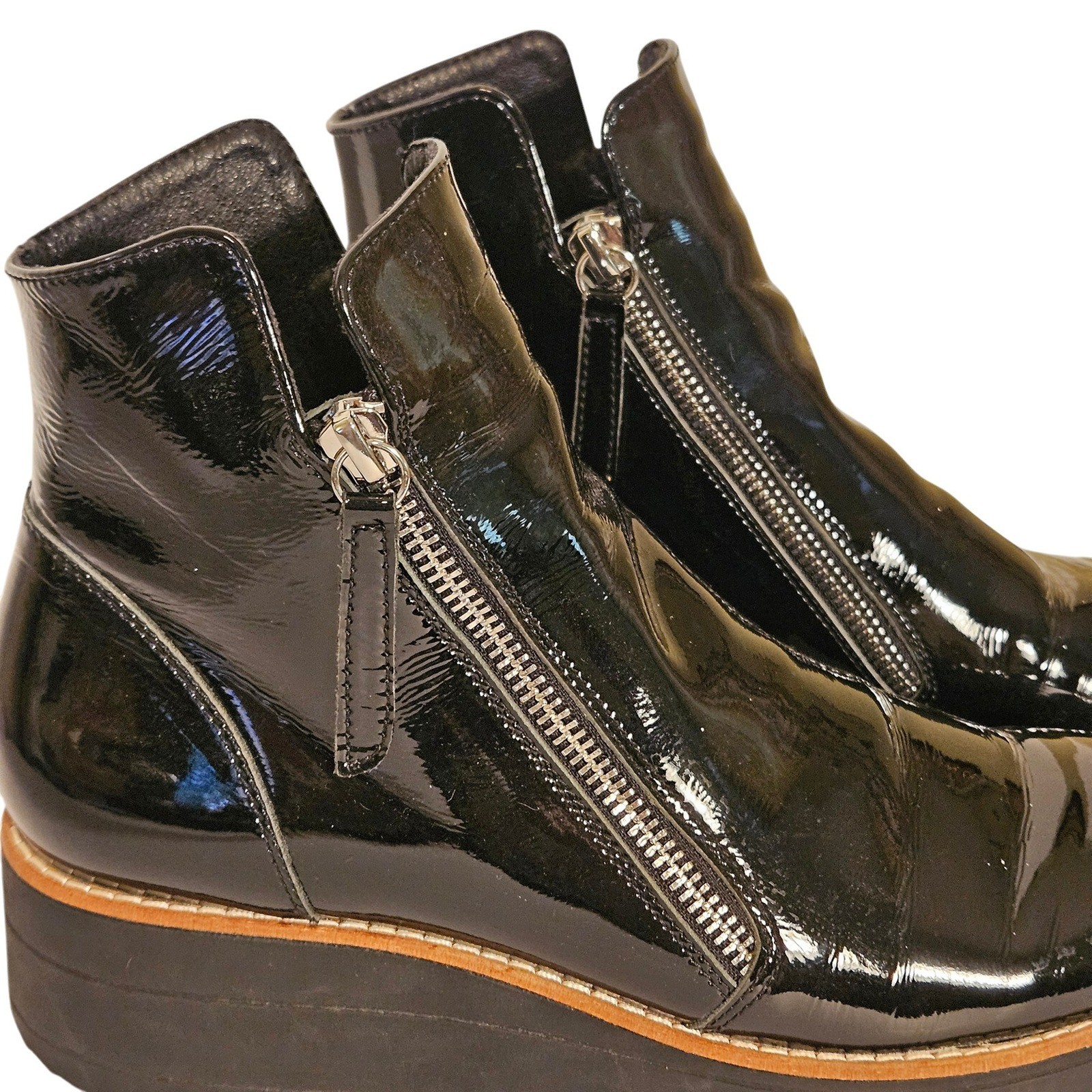Silent D Black Patent Leather Platform Wedge Ankle Boots Double Zip Womens 38