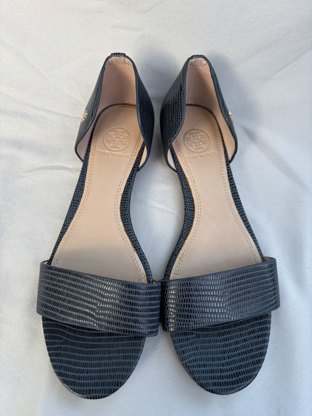 TORY BURCH Savannah Embossed Lizard Leather Sandals Sz 8 Navy Blue Flat Slip On