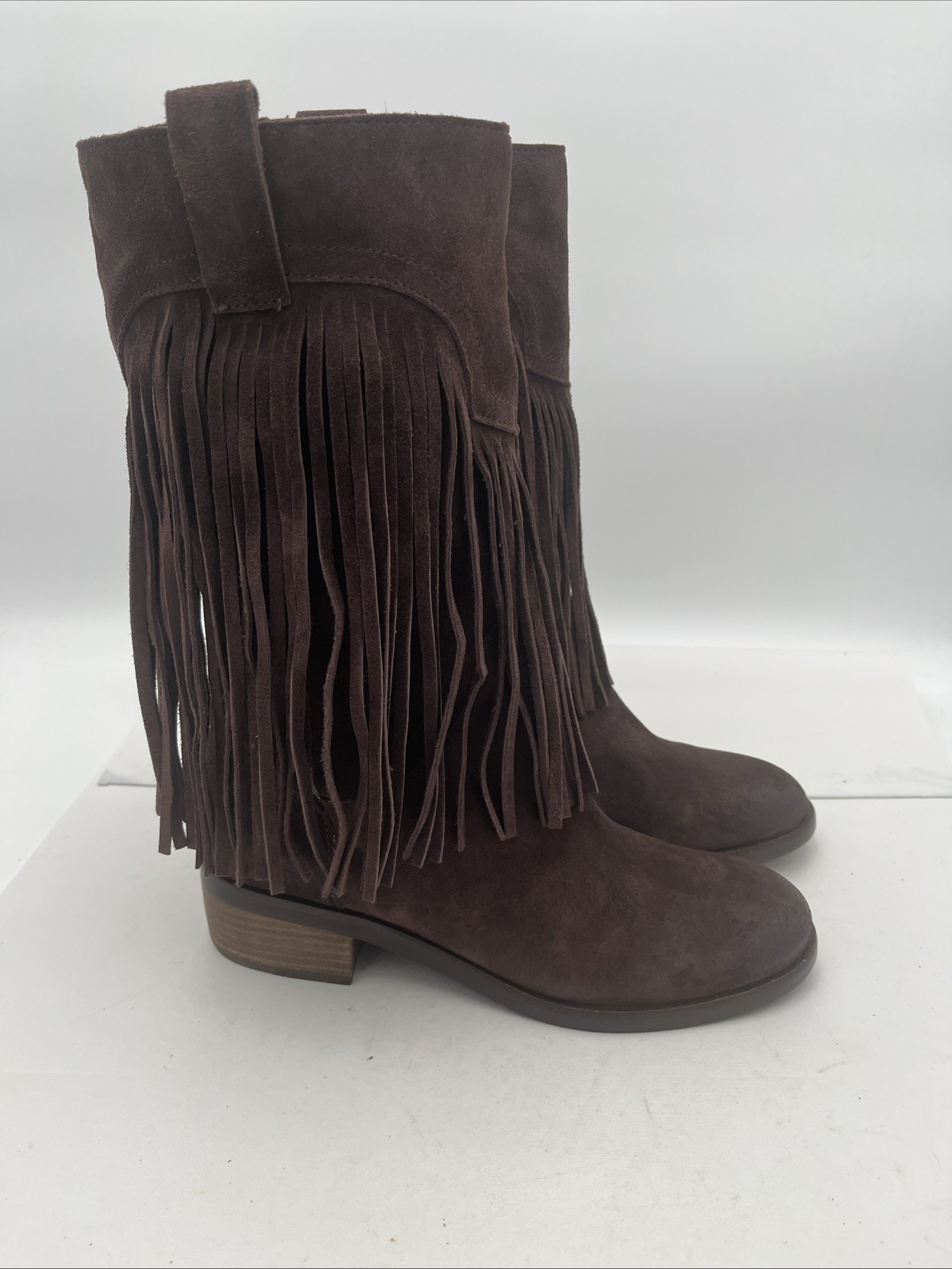 Lucky Brand Caleb Fringe Suede Boots Womens 9.5M Brown Western Bohemian Retro