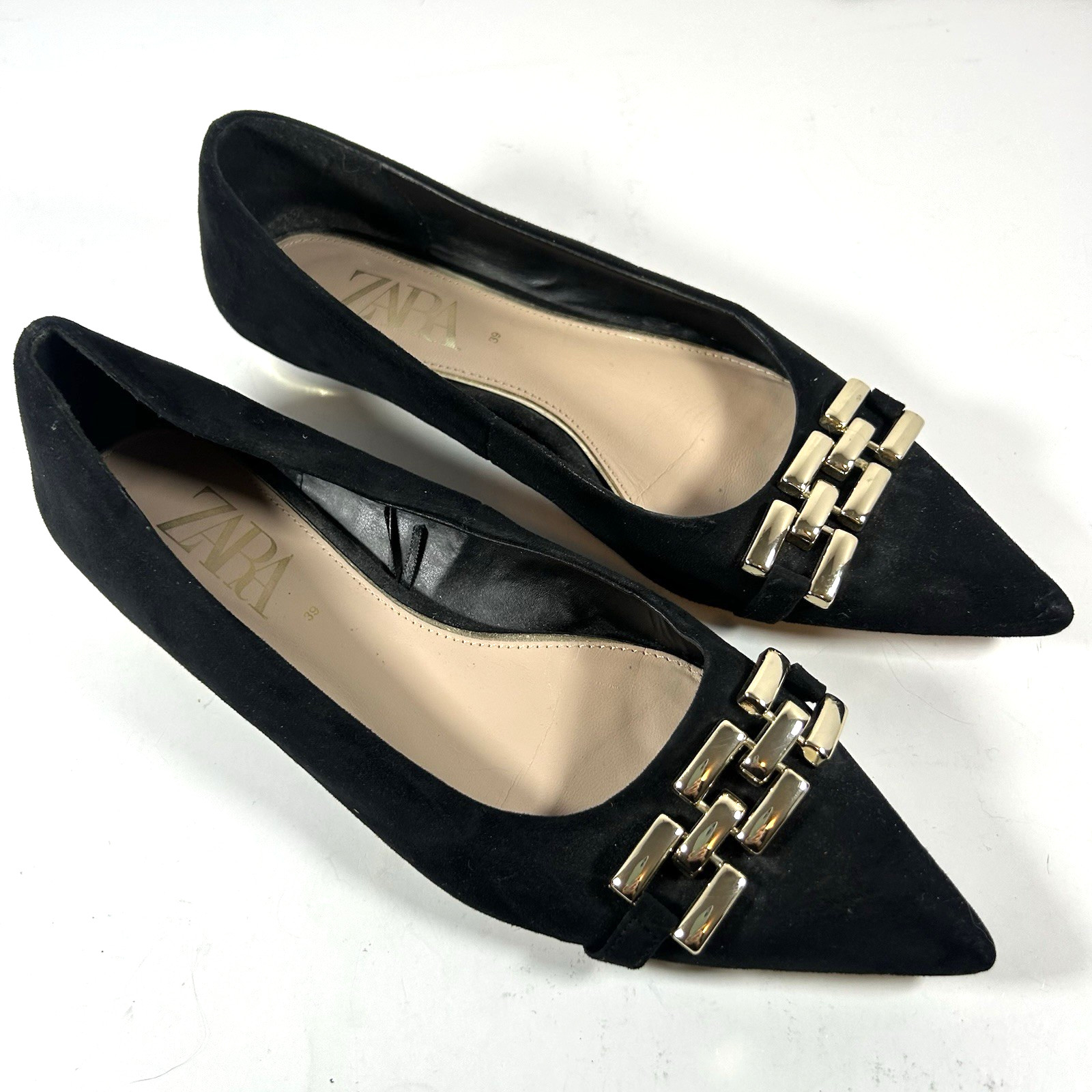 ZARA Black Suede Pointed Toe Flats with Gold LInk Chain & Gold Rimmed Heel