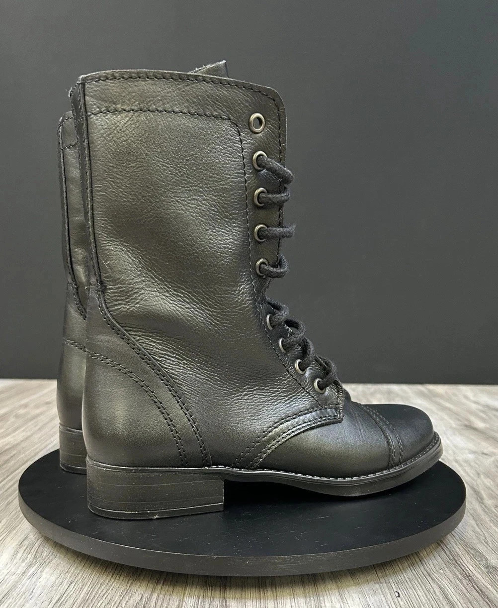 Steve Madden Troopa Combat Boots Black Leather Lace Up Womens Size 6.5 NEW