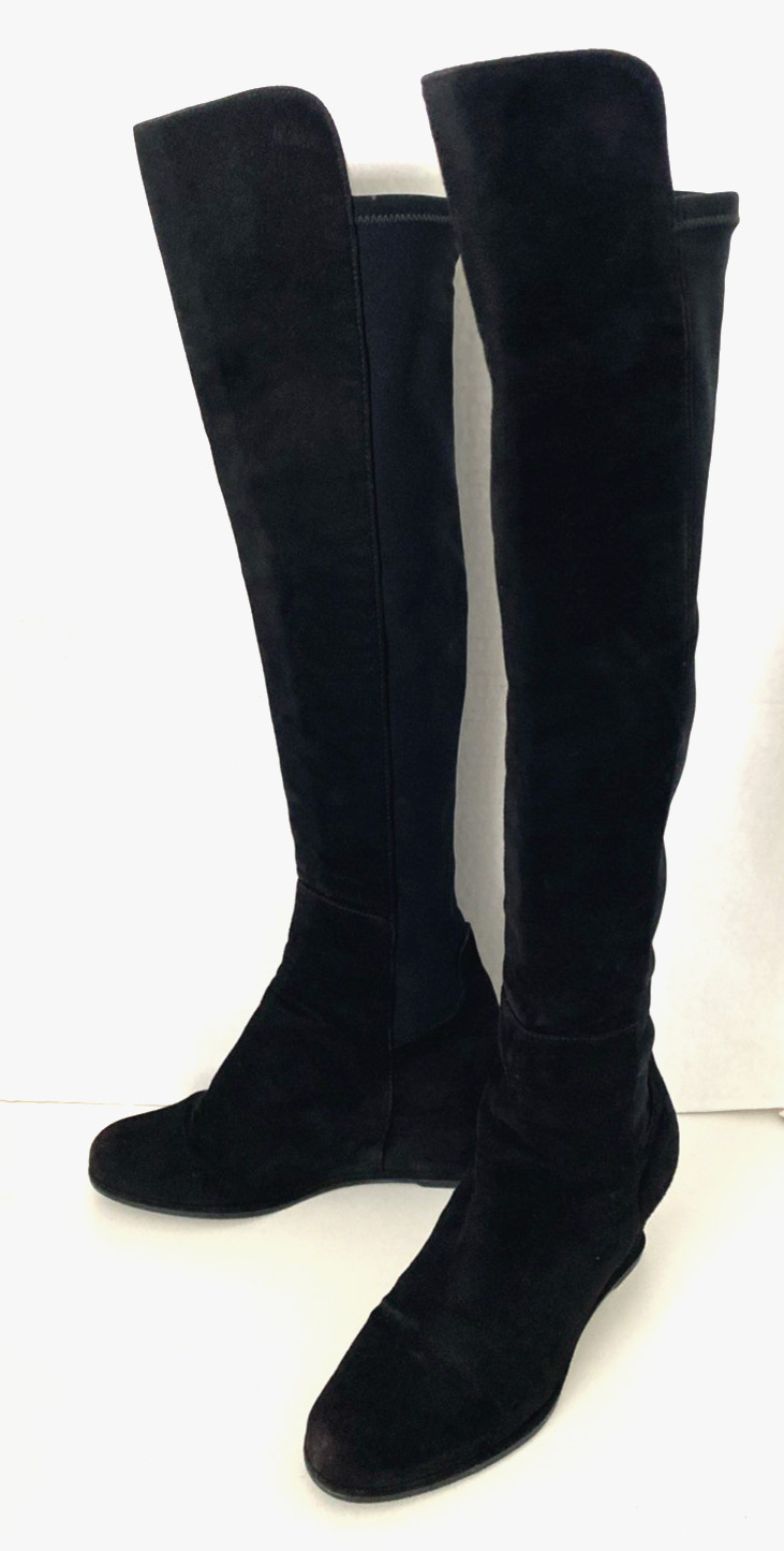 Stuart Weitzman Semi Boot Tall Stretch Back Suede Wedge Round Black OTK 5