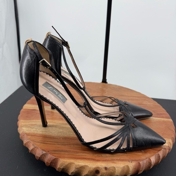 SJP Sarah Jessica Parker Carrie T strap heels black leather sz 41 US 11 4” 100mm