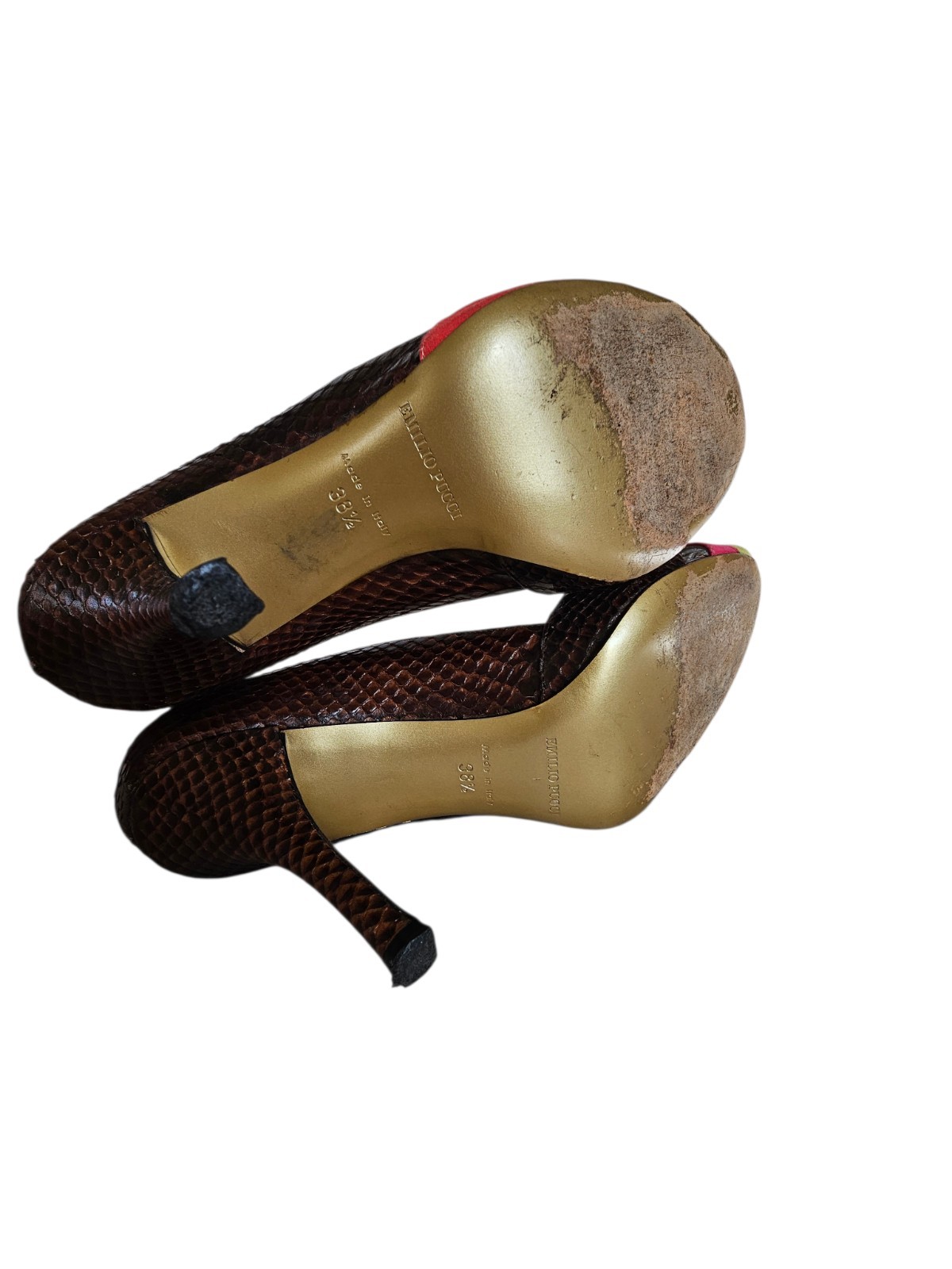 Emilio Pucci Women’s Open Peep Toe Snakeskin Silk Accent Hi Heels Size 38.5