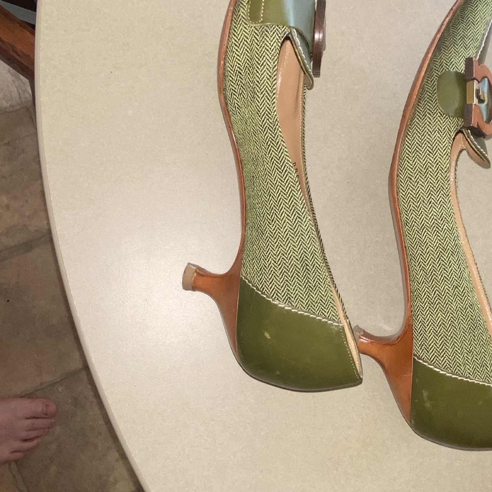 Salvatore Ferragamo Green/Brown Herringbone Pointed Toe Buckle Pumps Leather
