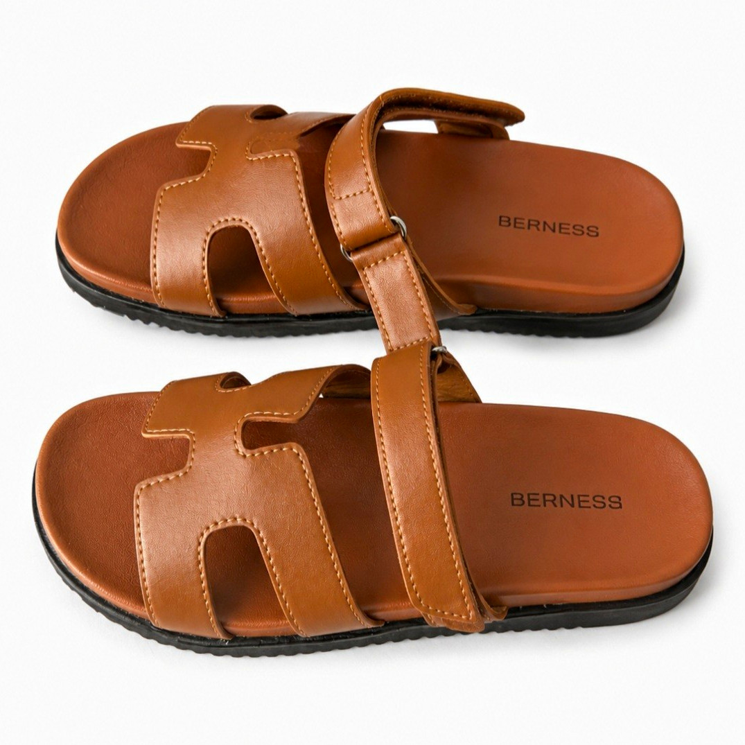 BERNESS Women’s Brown Solid Adjustable Strap Slide Sandals Slip On Rubber US 6