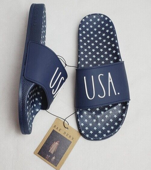 Rae Dunn USA Slides Women Slip-on Flat Sandals Navy Blue Stars Size 6, 8, 9, 10