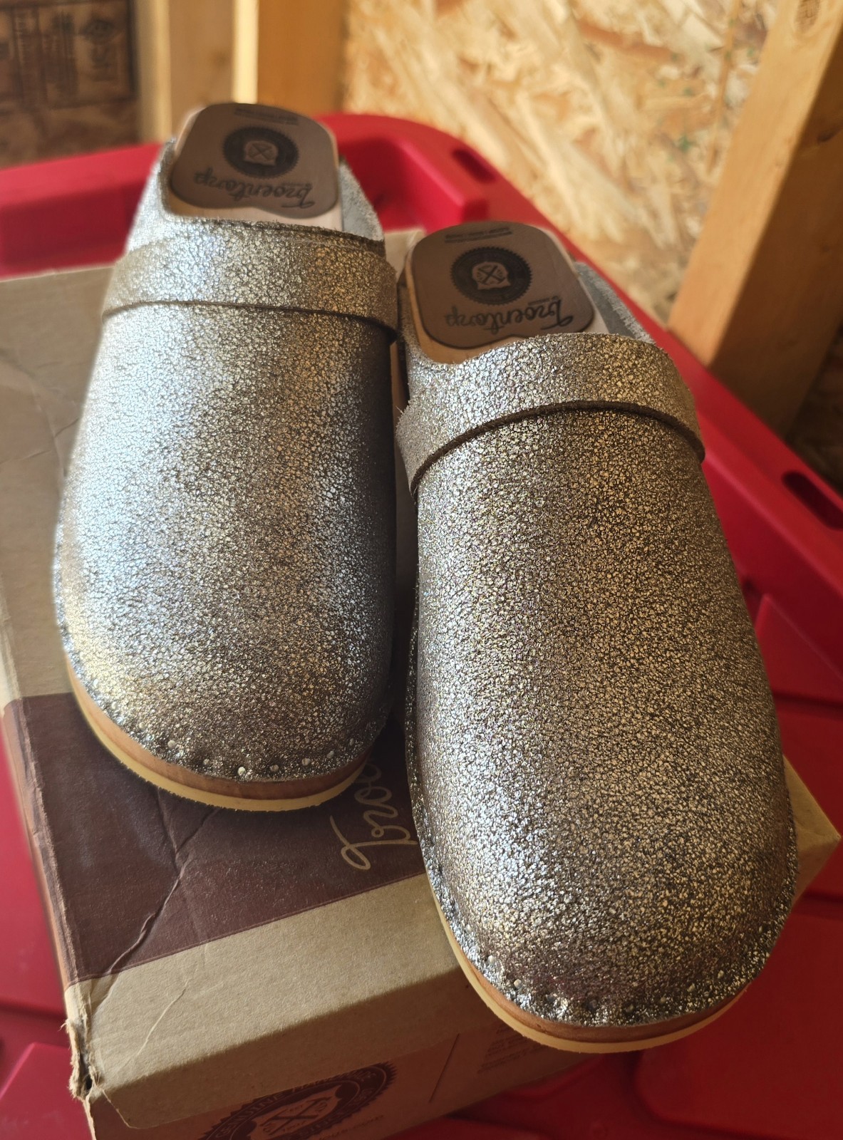 Swedish Troentorp Clogs Womens 37/7 Silver Shimmer Metallic Leather Wood Sole