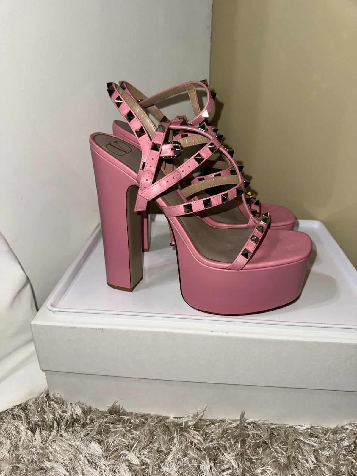 Valentino Women’s Pink Leather Platform Block Heel Studded Ankle Strap 11