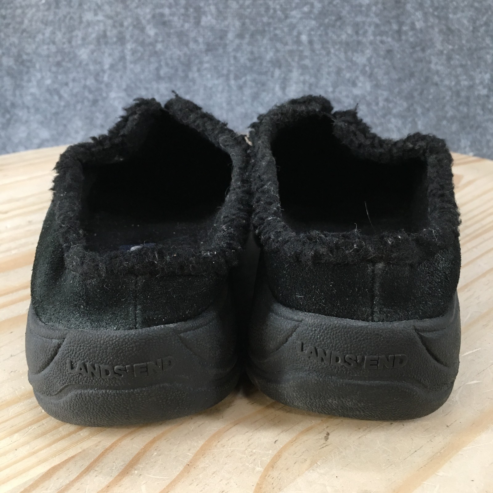 Lands End Shoes Womens 8 B Black Suede Slip On Clog Faux Fur Lined Comfort