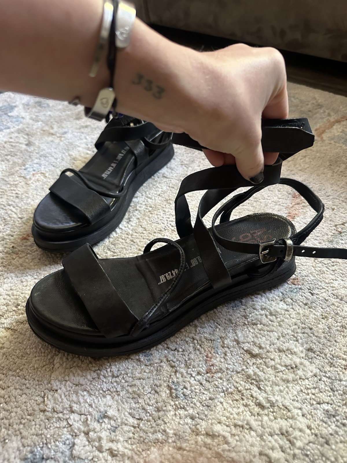 A.S.98 Black Leather Strappy Ankle Strap Buckle Sandals Women US 10 EU 42