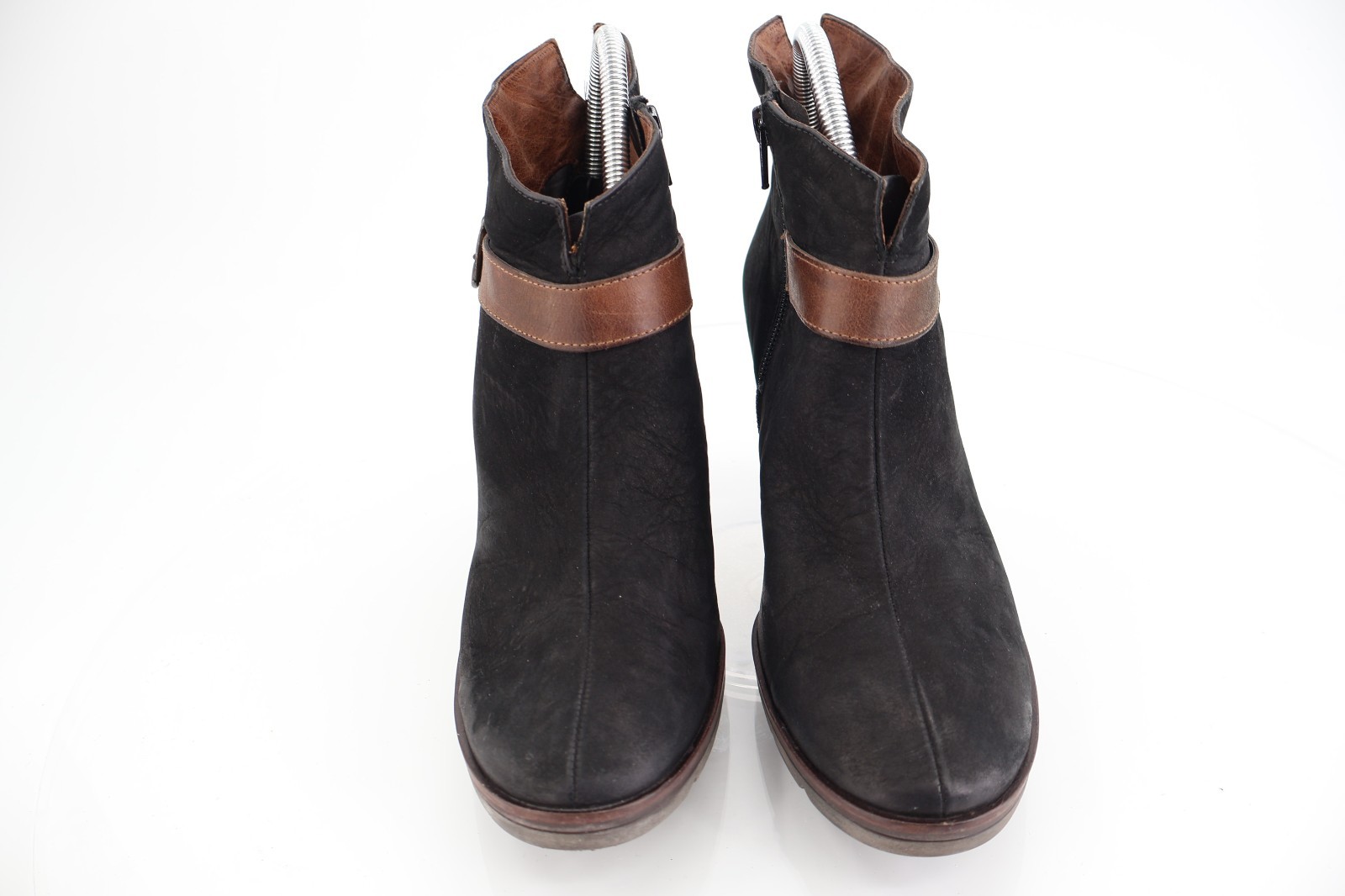 Paul Green Women’s Boot Size 9 Block Heel Black Nubuck Bootie Brown Strap