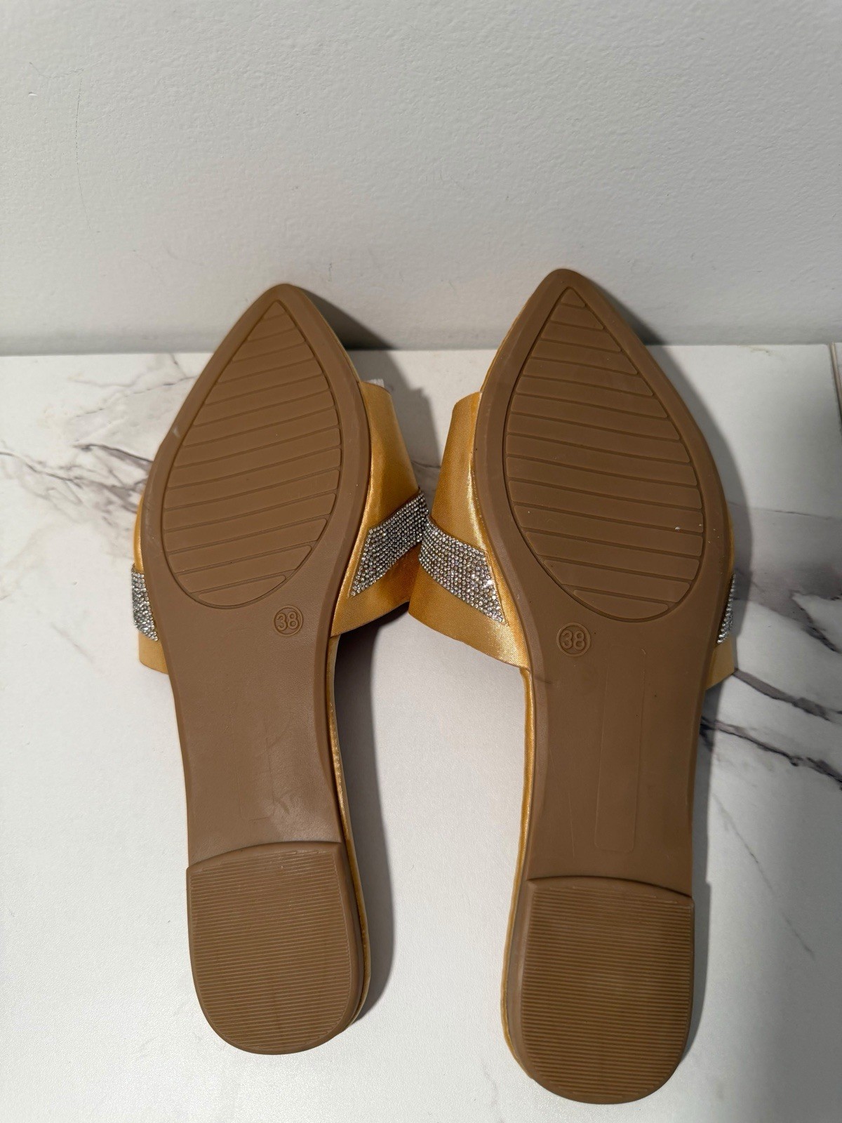 Women’s Gold Leather Slide Sandals Slip-On Rhinestone Strap Solid EU38 US8