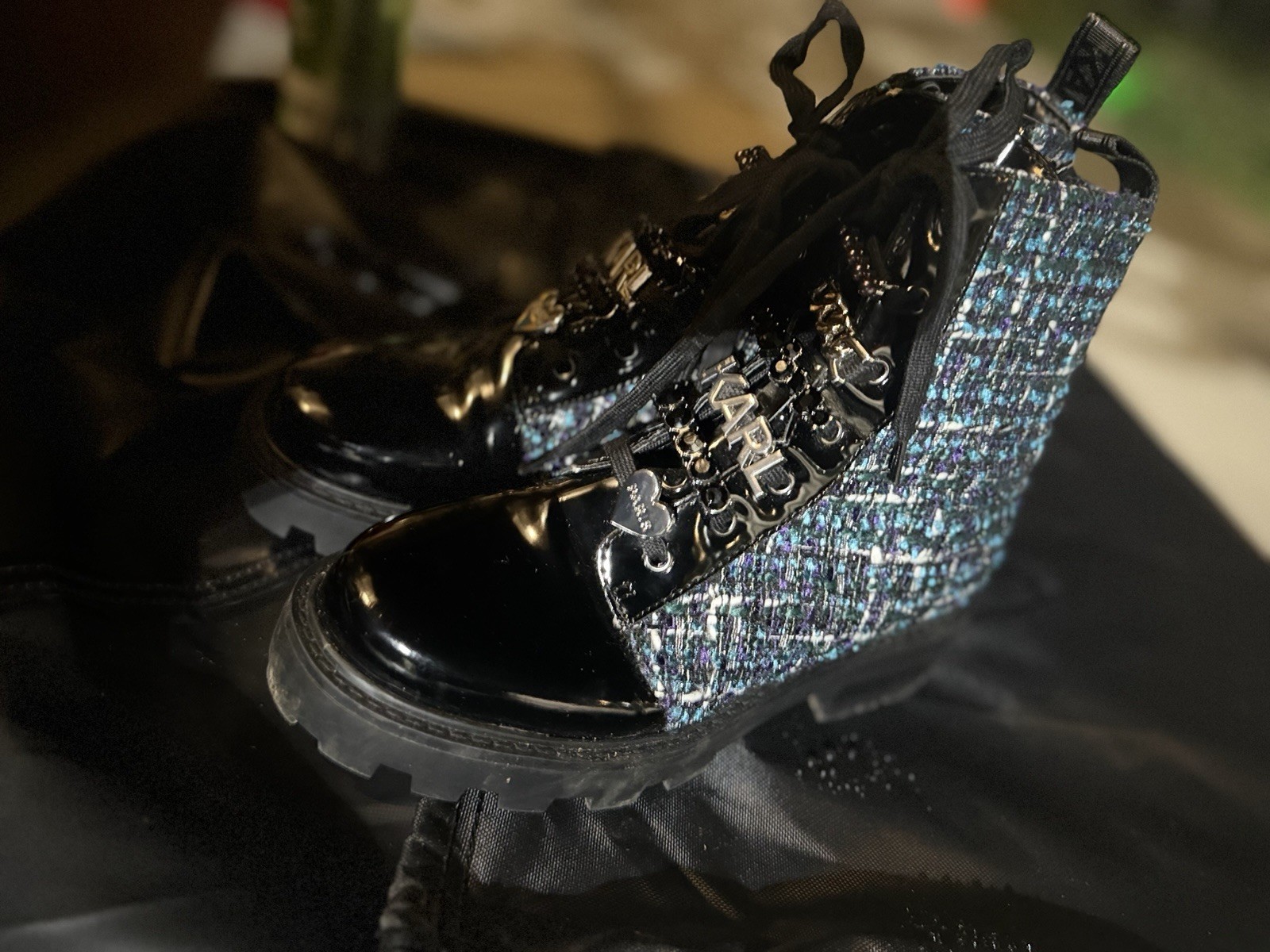 Karl Lagerfeld Women’s Black Patent Leather Lace-Up Combat Ankle Boots