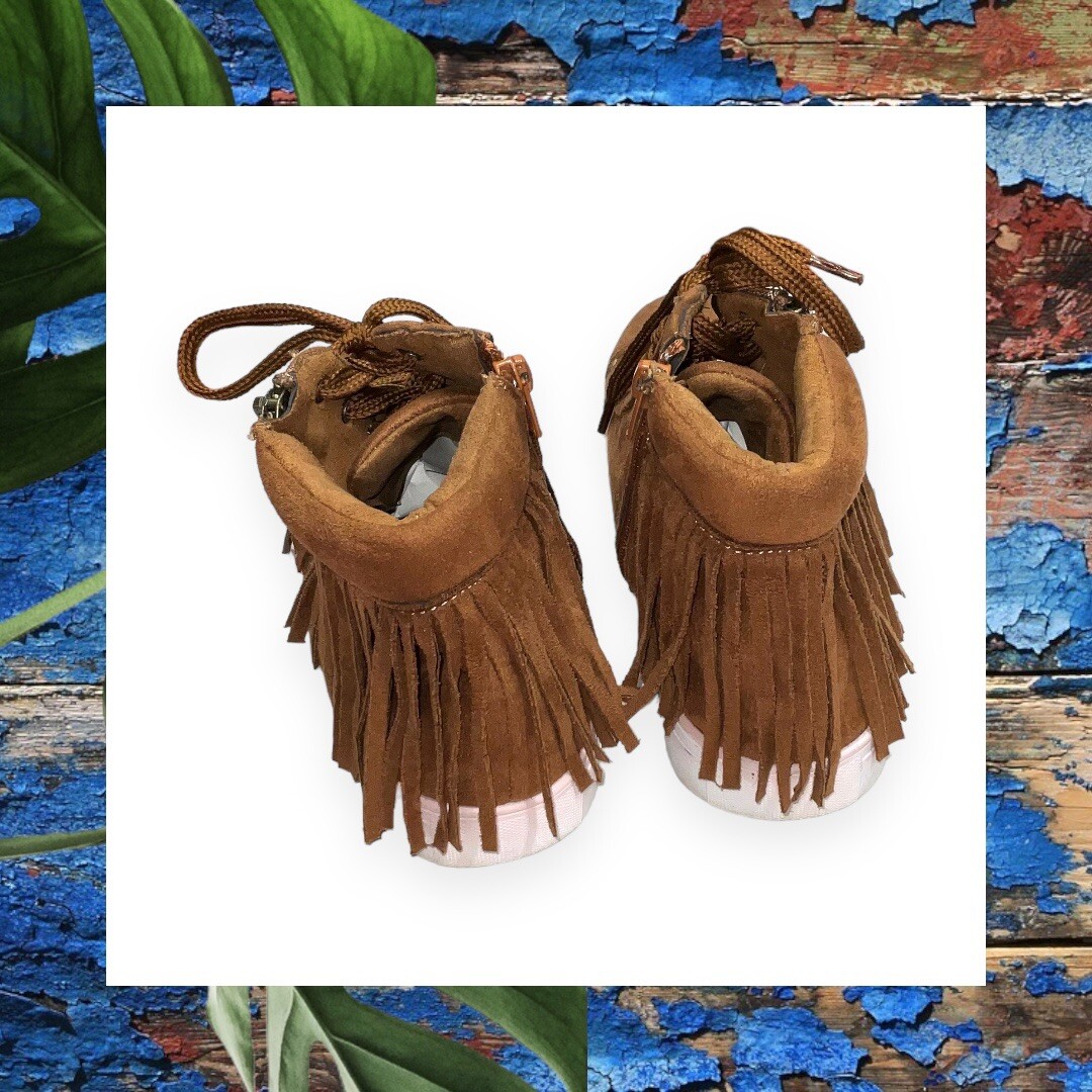 Unknown Brand Rust Faux Suede Textile Upper Ankle Zip Shoes w Fringe Women Sz 8