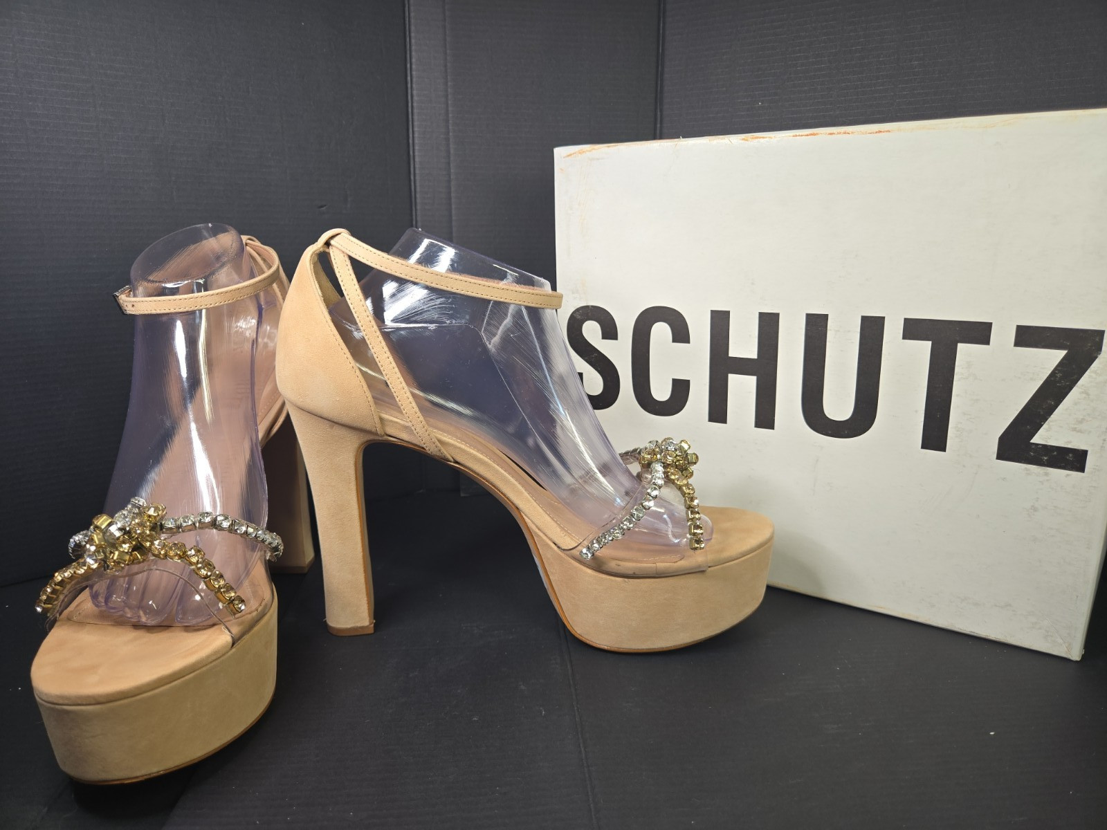Schutz Jayda Platform Heels Nude Clear Rhinestone Strap Sandals Women Size 10.5B