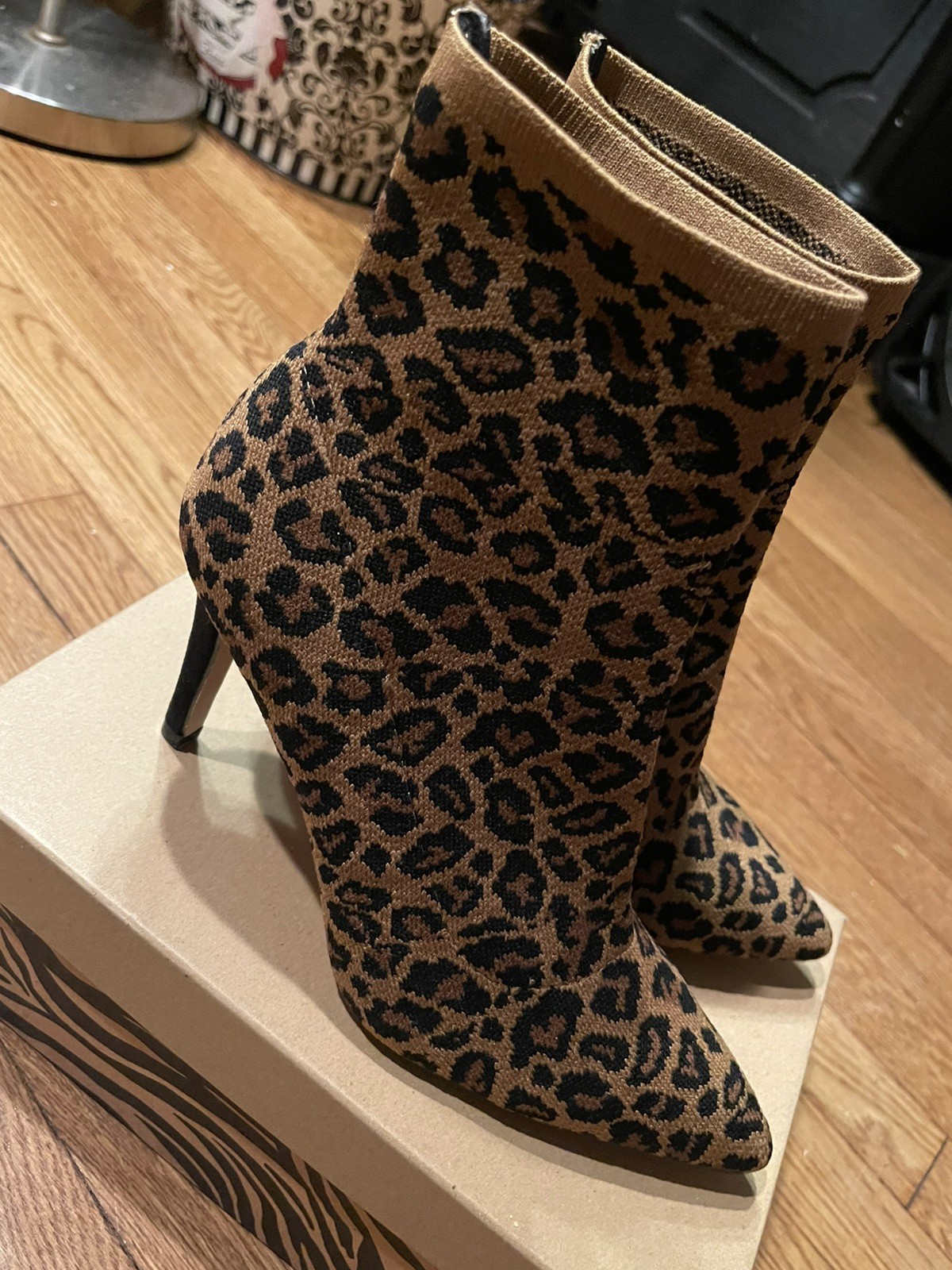 Mia cheetah stretch knit boot size 7.5W casual party heeled tall ankle NWT