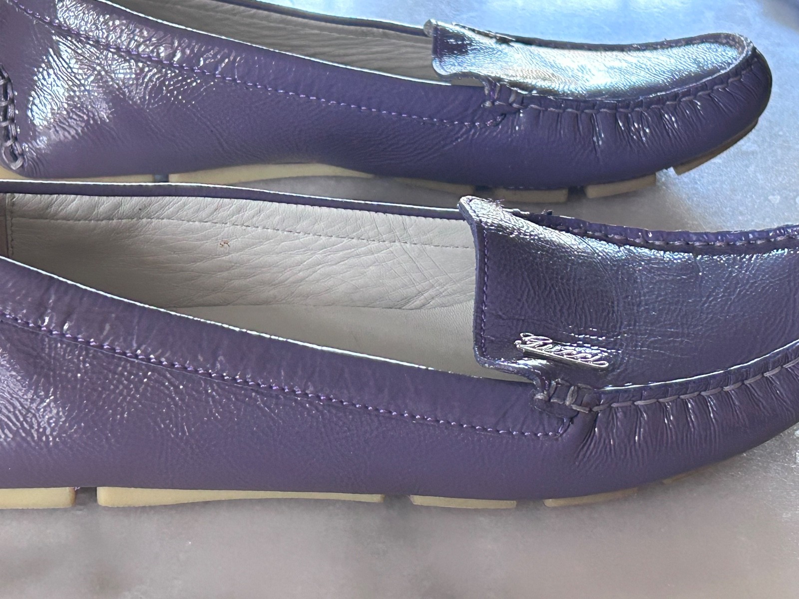 GUCCI Purple Patent Leather Script Logo Driving Loafers Shoes Womens 36 Italy